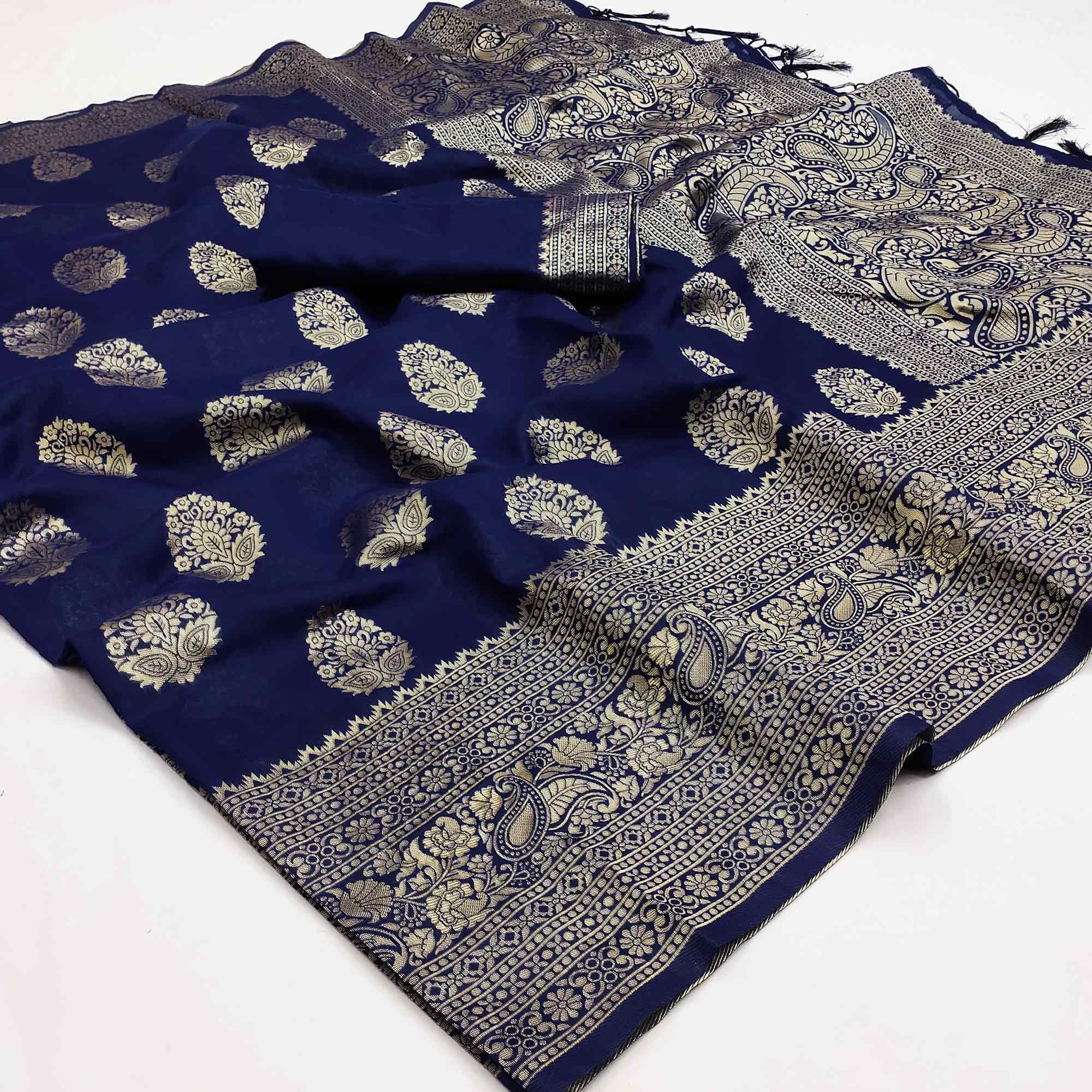 Navy Blue Festive Wear Woven Cotton Silk Saree - Peachmode