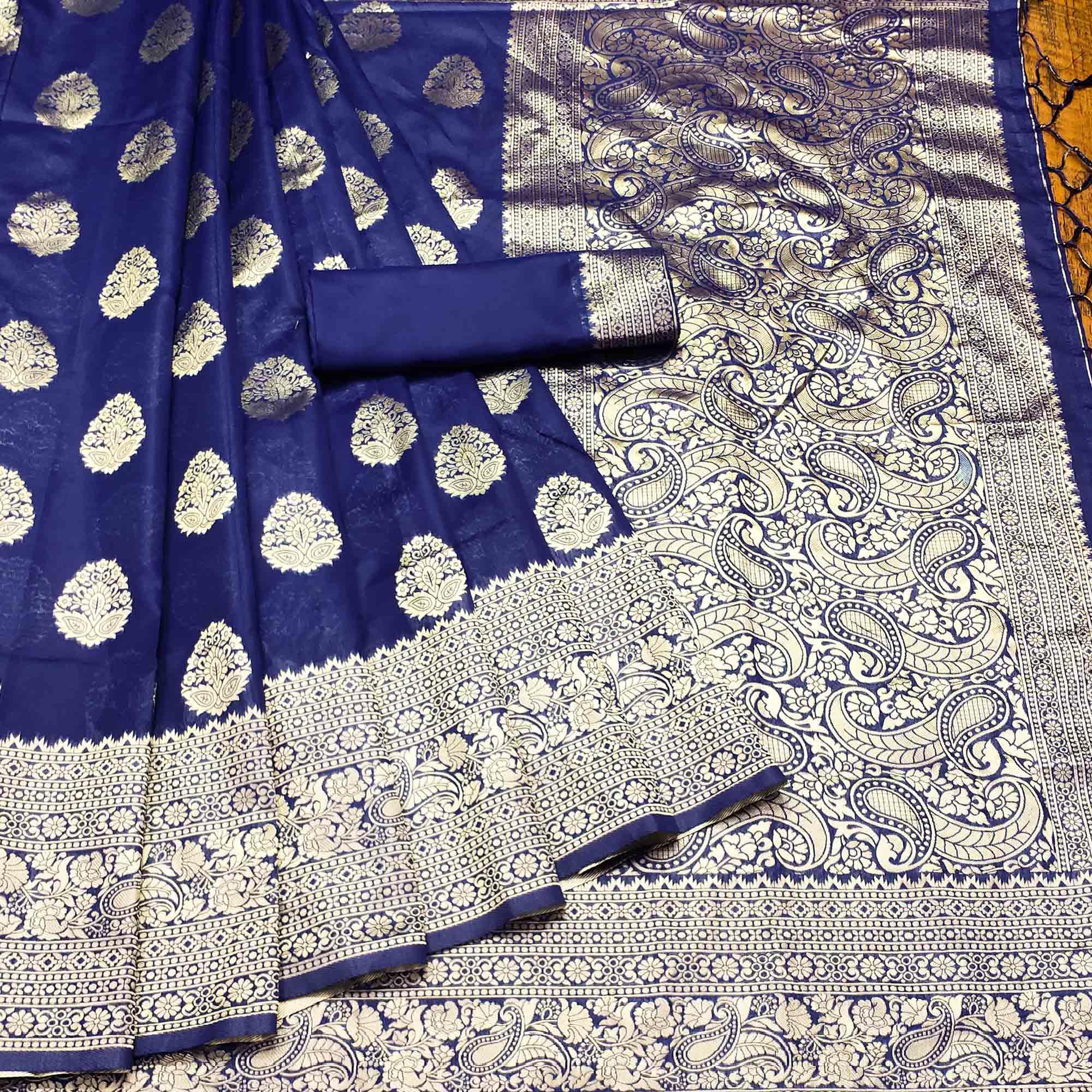 Navy Blue Festive Wear Woven Cotton Silk Saree - Peachmode