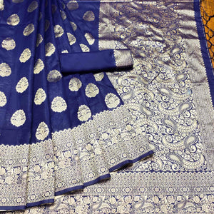 Navy Blue Festive Wear Woven Cotton Silk Saree - Peachmode