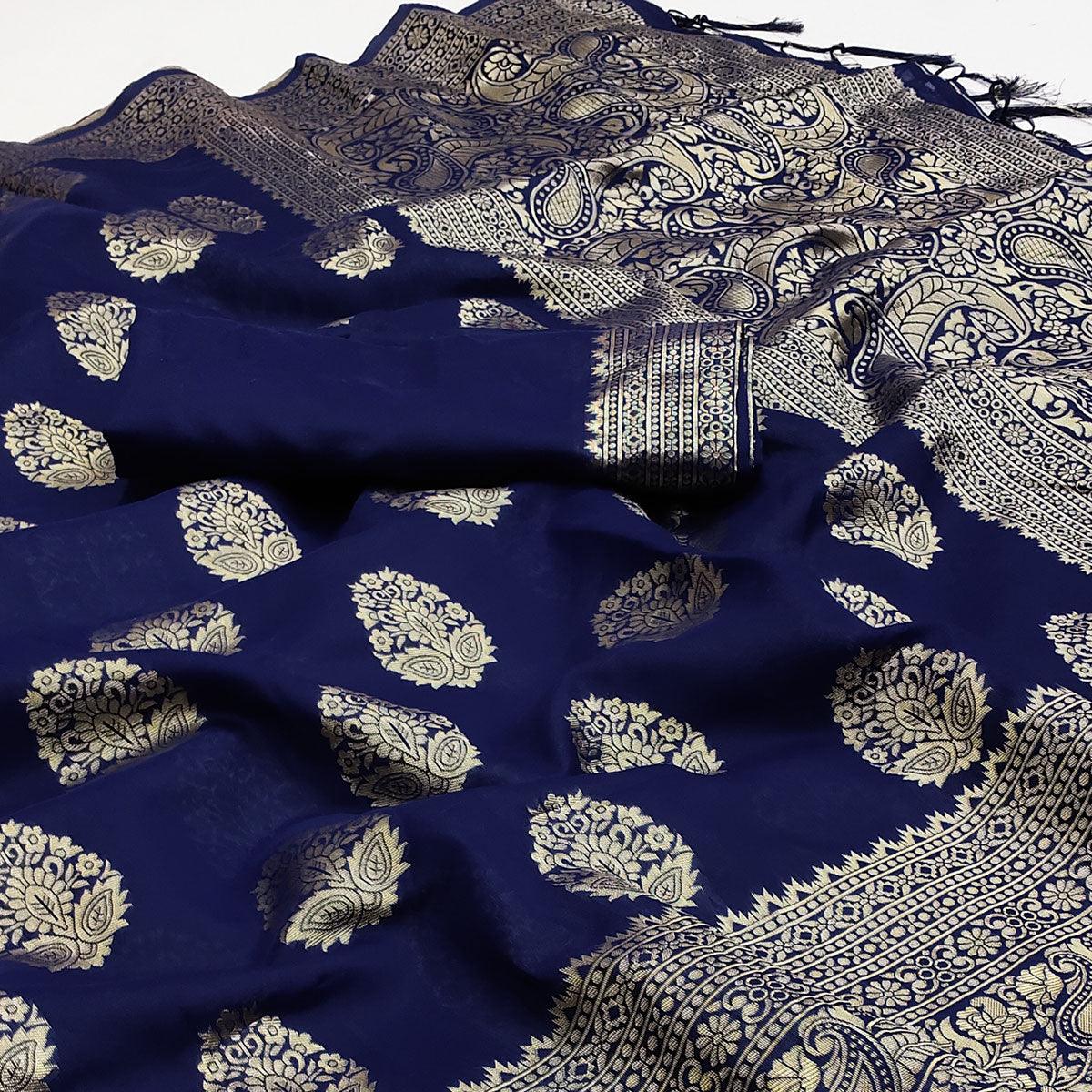 Navy Blue Festive Wear Woven Cotton Silk Saree - Peachmode