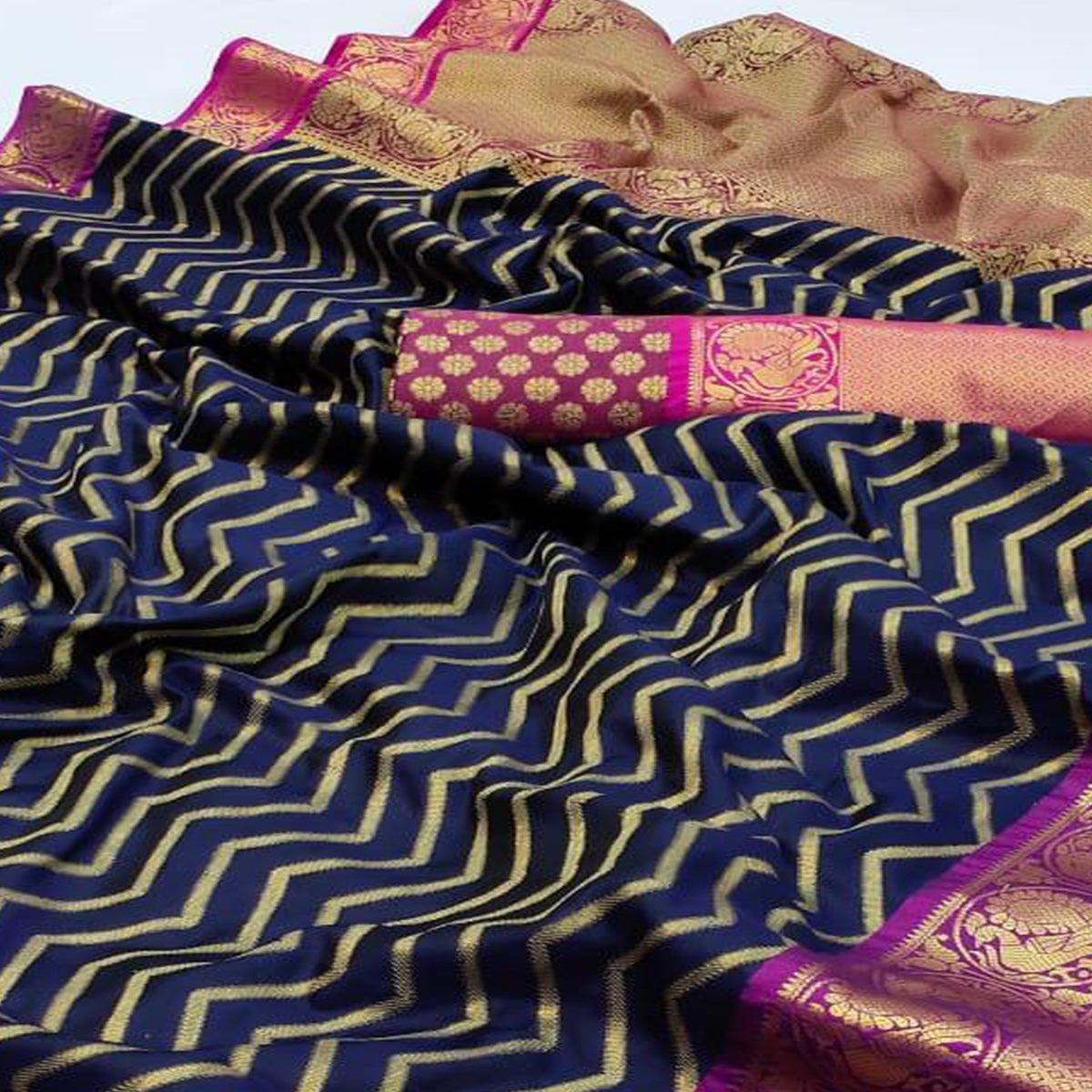 Navy Blue Festive Wear Woven Designer With Meena Butta Rich Pallu Silk Saree - Peachmode