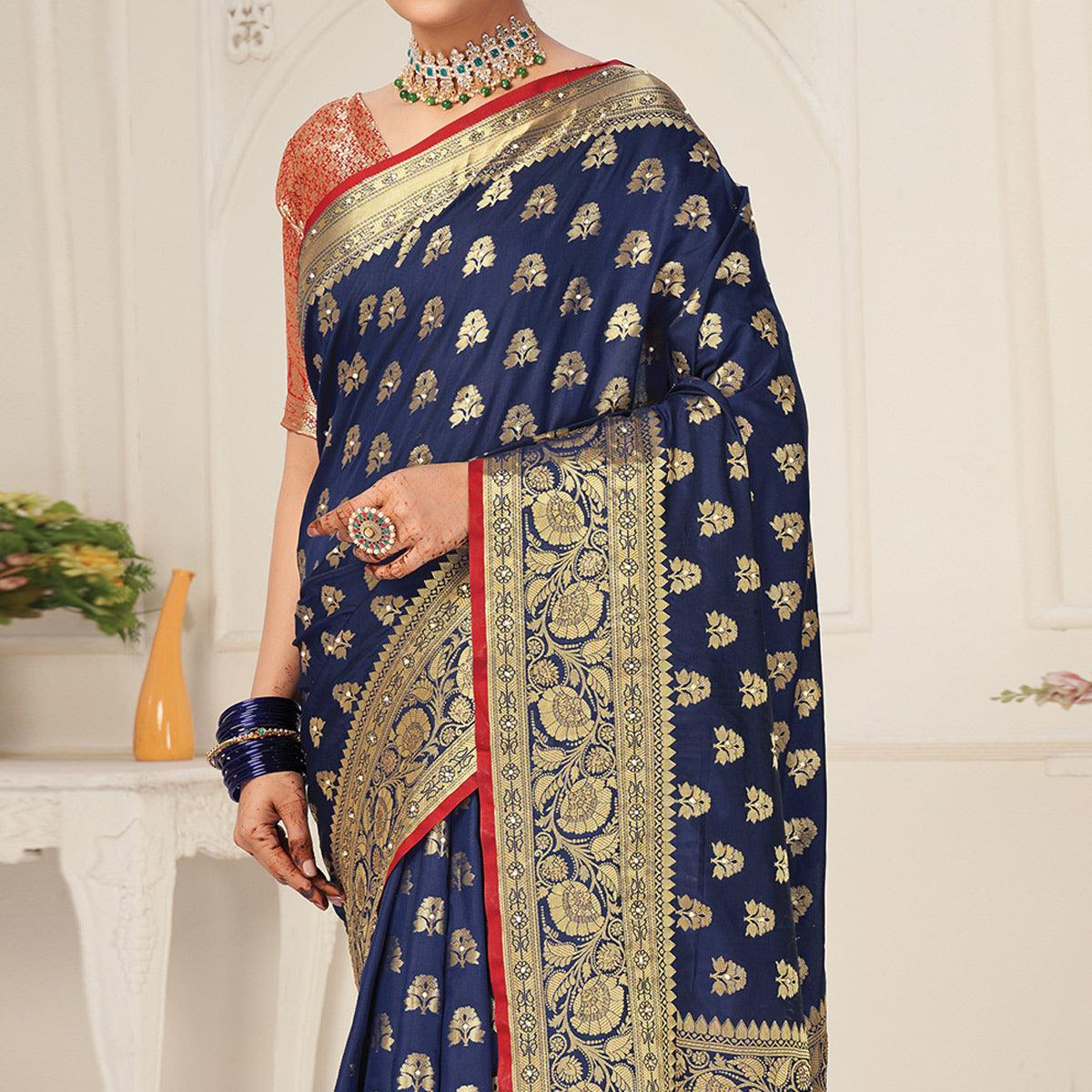Navy Blue Festive Wear Woven-Embellished Silk Saree With Tassels - Peachmode