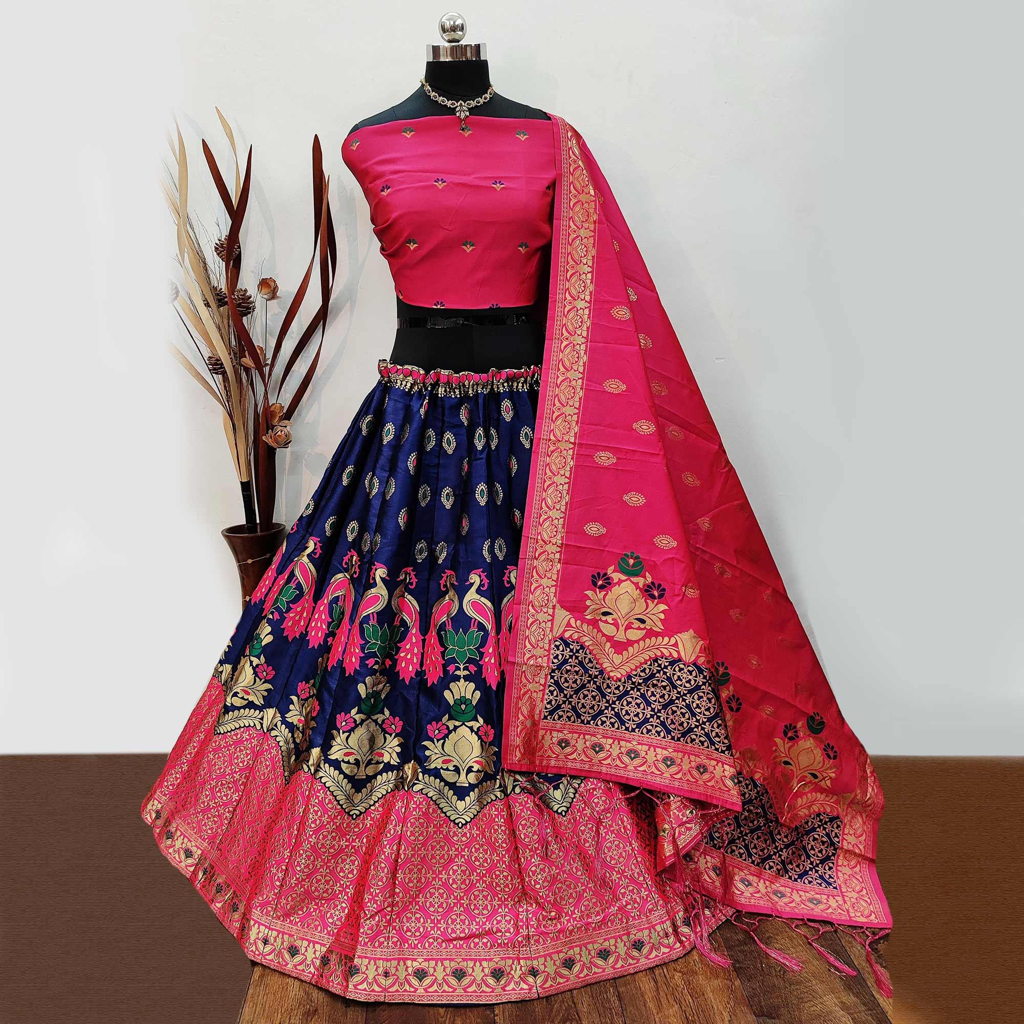 Navy Blue Festive Wear Woven Heavy Brocade Lehenga Choli - Peachmode