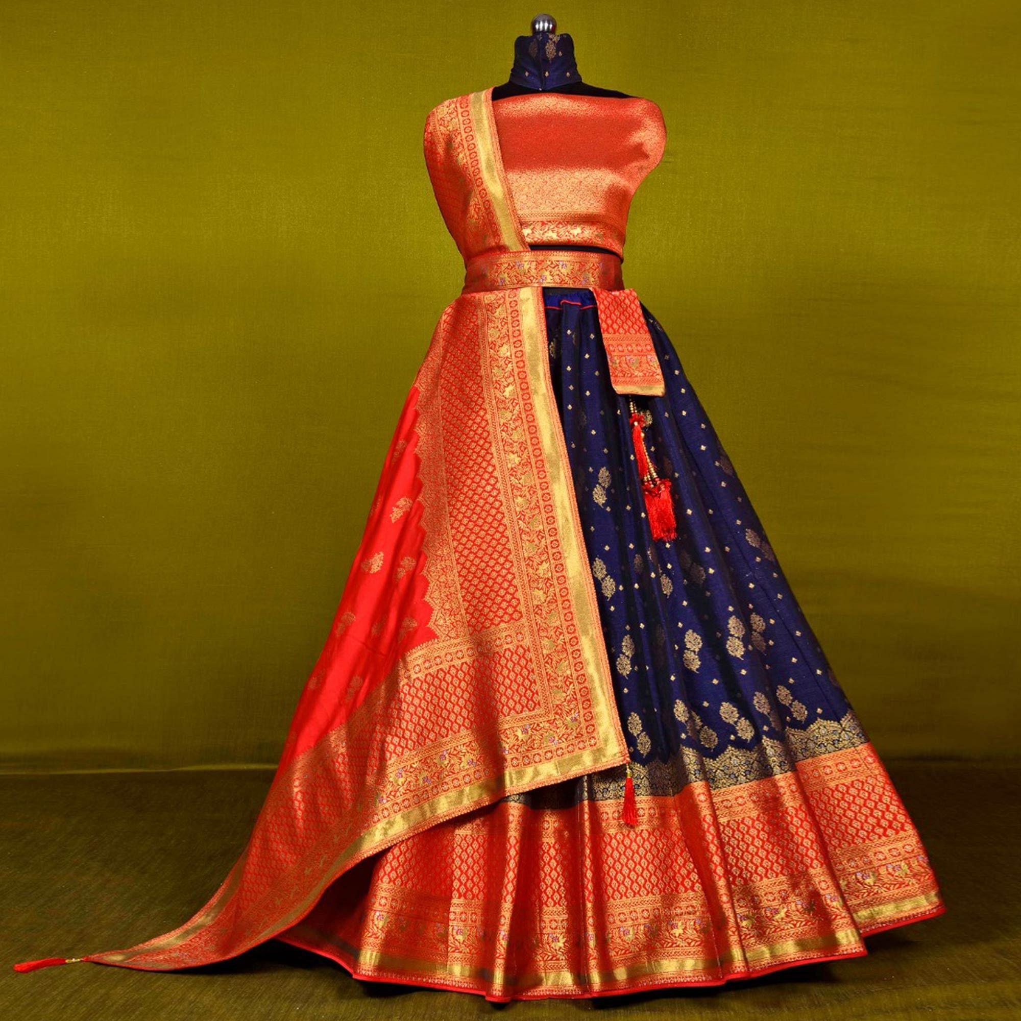 Navy Blue Festive Wear Woven Jacquard Lehenga Choli - Peachmode