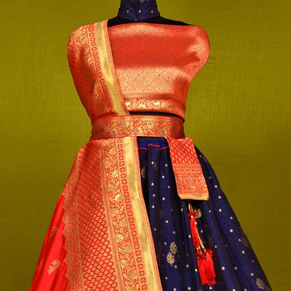 Navy Blue Festive Wear Woven Jacquard Lehenga Choli - Peachmode