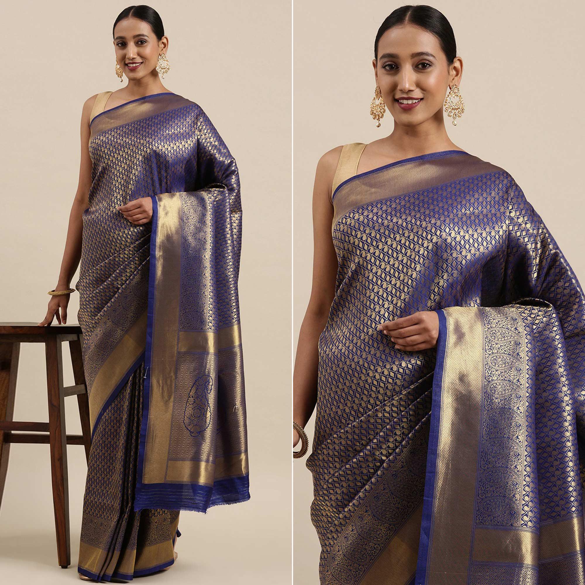 Navy Blue Festive Wear Woven Kanjivaram Silk Saree - Peachmode