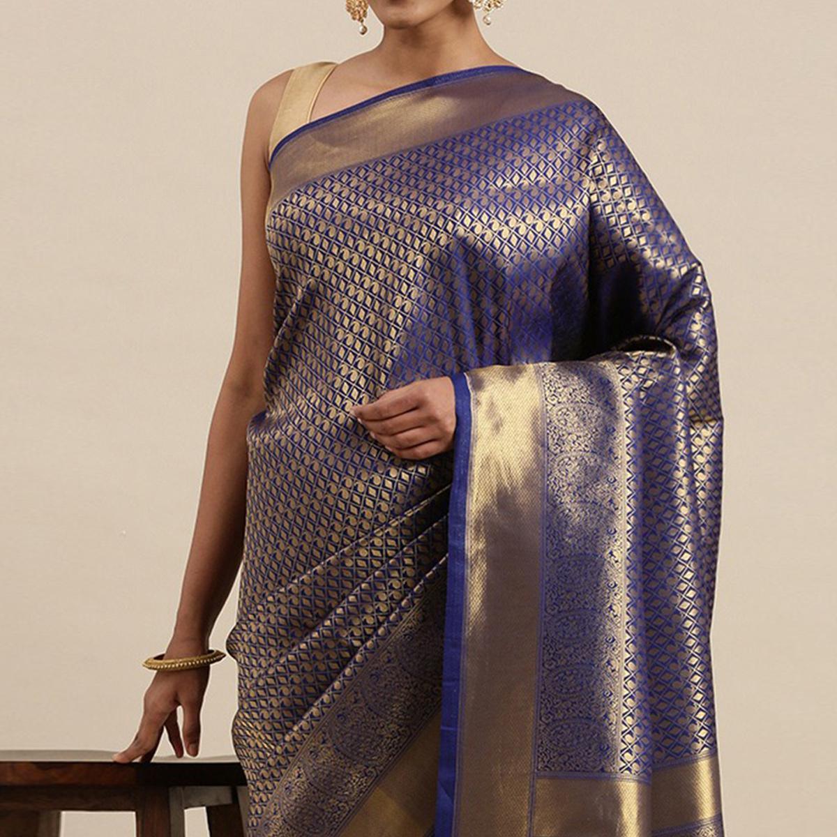 Navy Blue Festive Wear Woven Kanjivaram Silk Saree - Peachmode