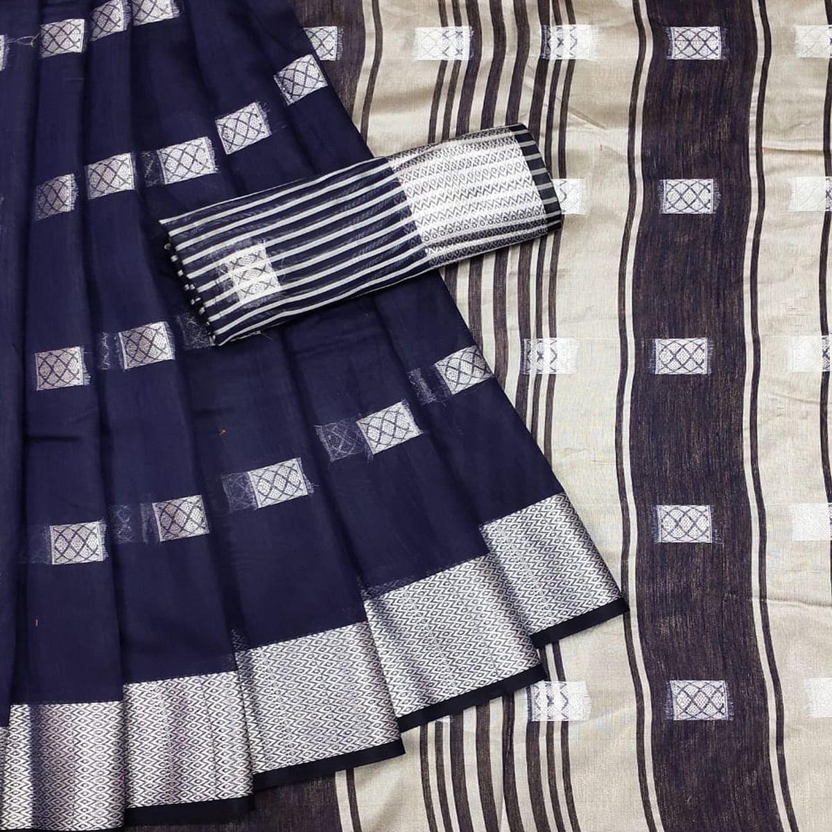 Navy Blue Festive Wear Woven Linen Saree - Peachmode
