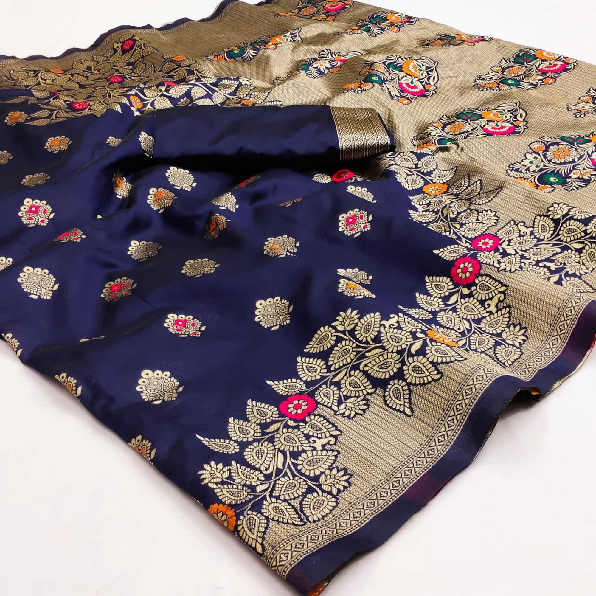 Navy Blue Festive Wear Woven Litchi Silk Saree - Peachmode