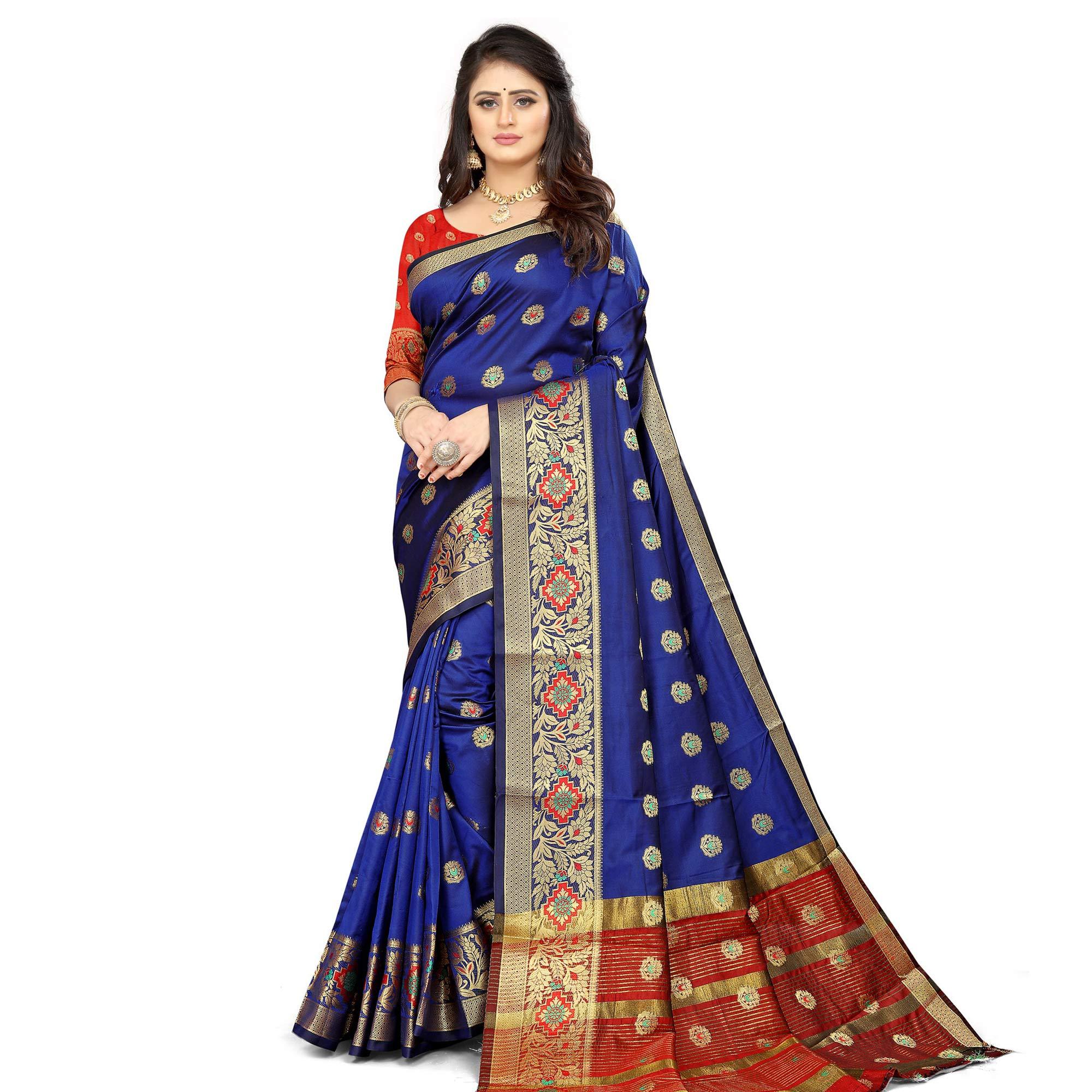 Navy Blue Festive Wear Woven Maithili Silk Saree - Peachmode