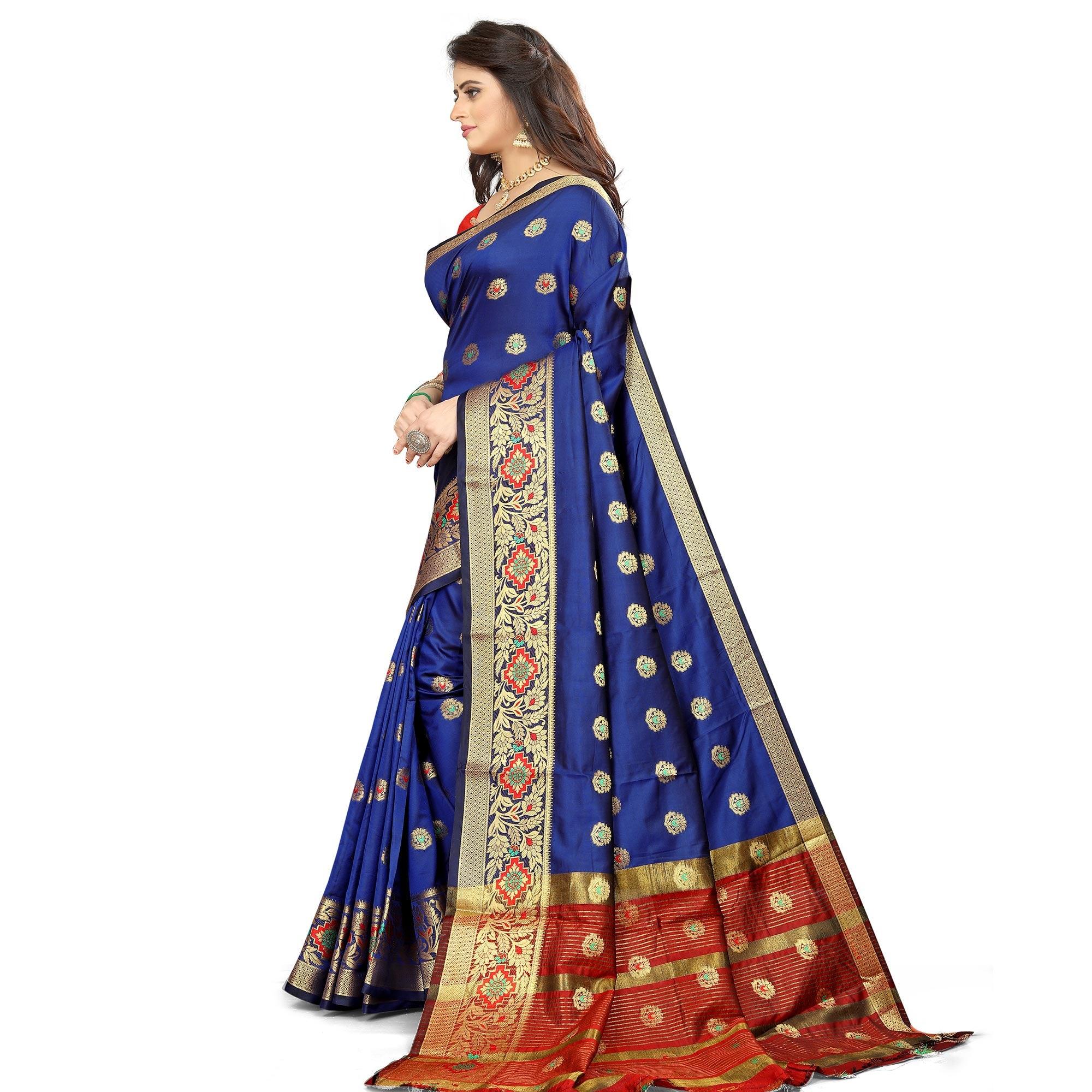 Navy Blue Festive Wear Woven Maithili Silk Saree - Peachmode