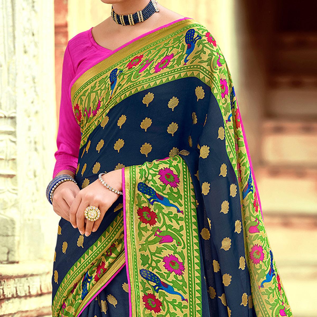 Navy Blue Festive Wear Woven Paithani Silk Brasso Saree - Peachmode