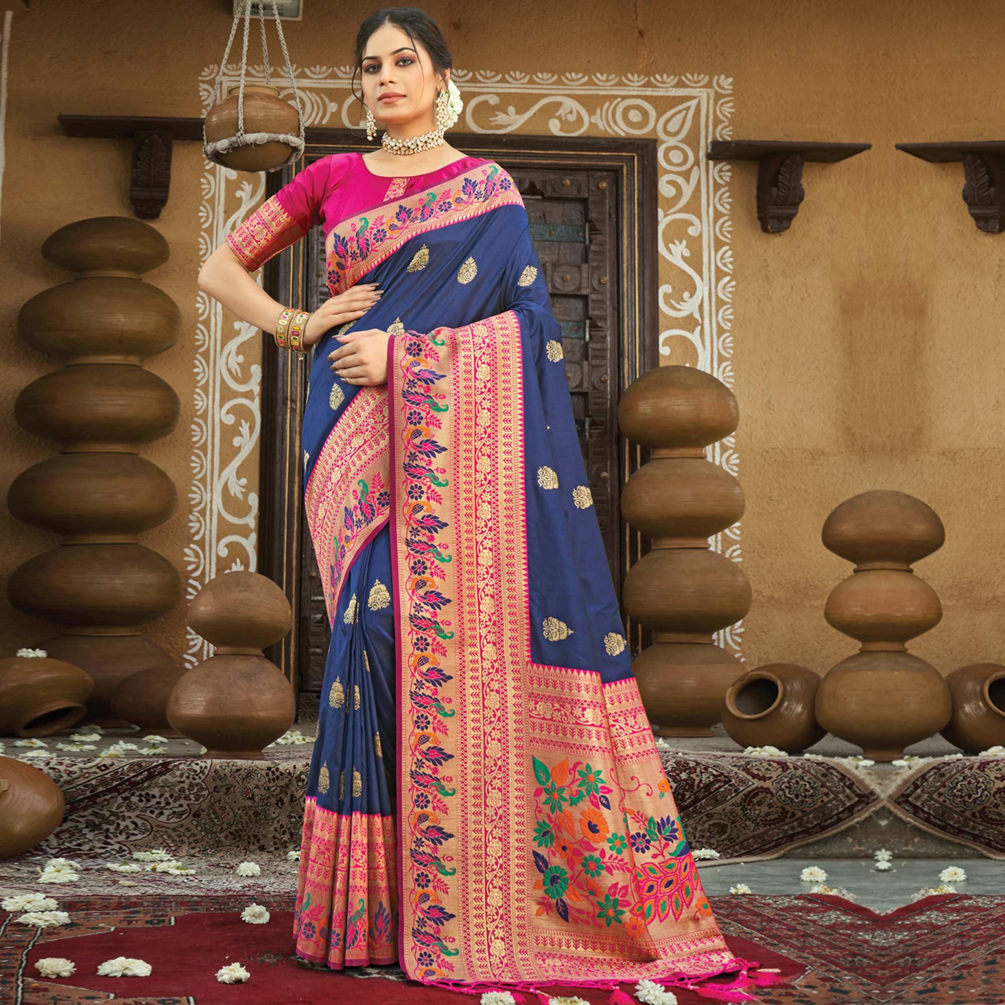 Navy Blue Festive Wear Woven Paithani Silk Saree - Peachmode
