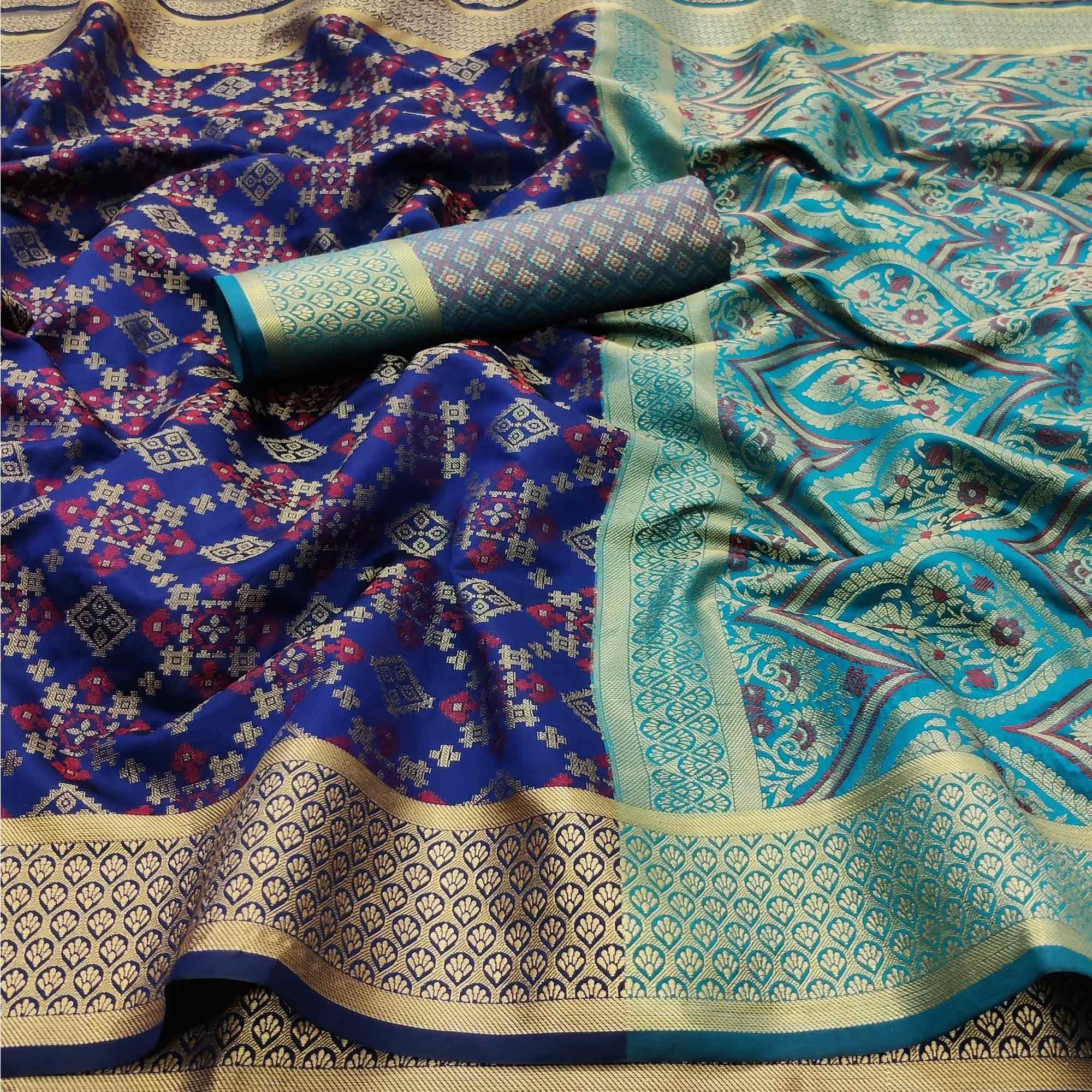 Navy Blue Festive Wear Woven Patola Silk Saree - Peachmode