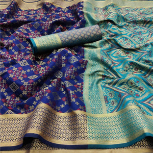 Navy Blue Festive Wear Woven Patola Silk Saree - Peachmode