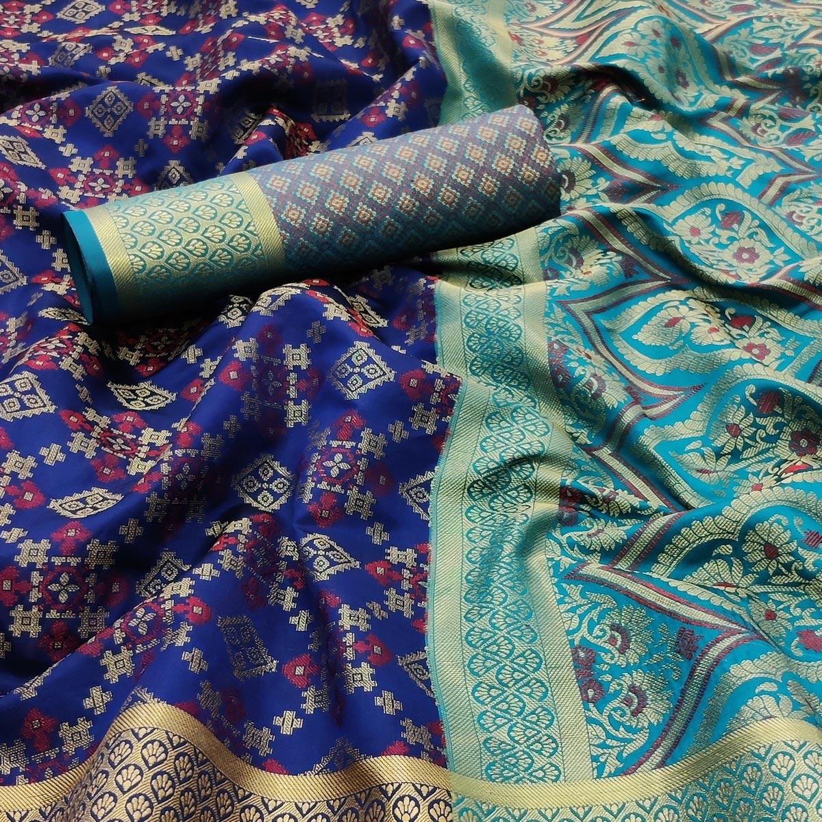Navy Blue Festive Wear Woven Patola Silk Saree - Peachmode
