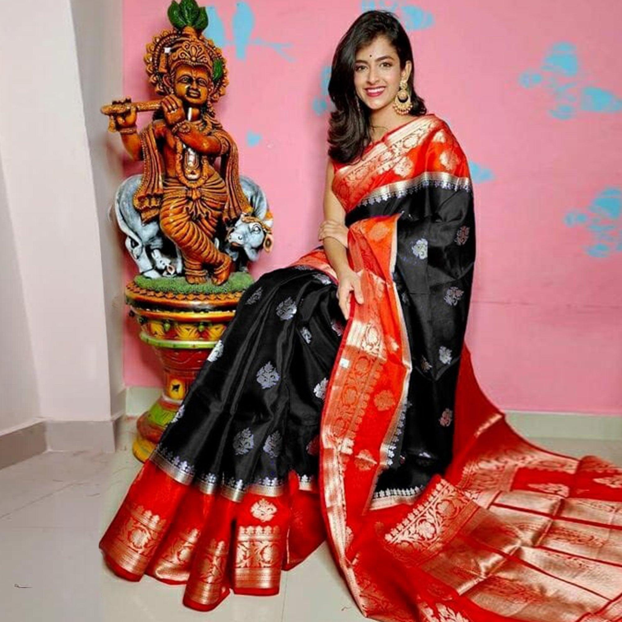 Navy Blue Festive Wear Woven Pure Organza Banarasi Saree - Peachmode