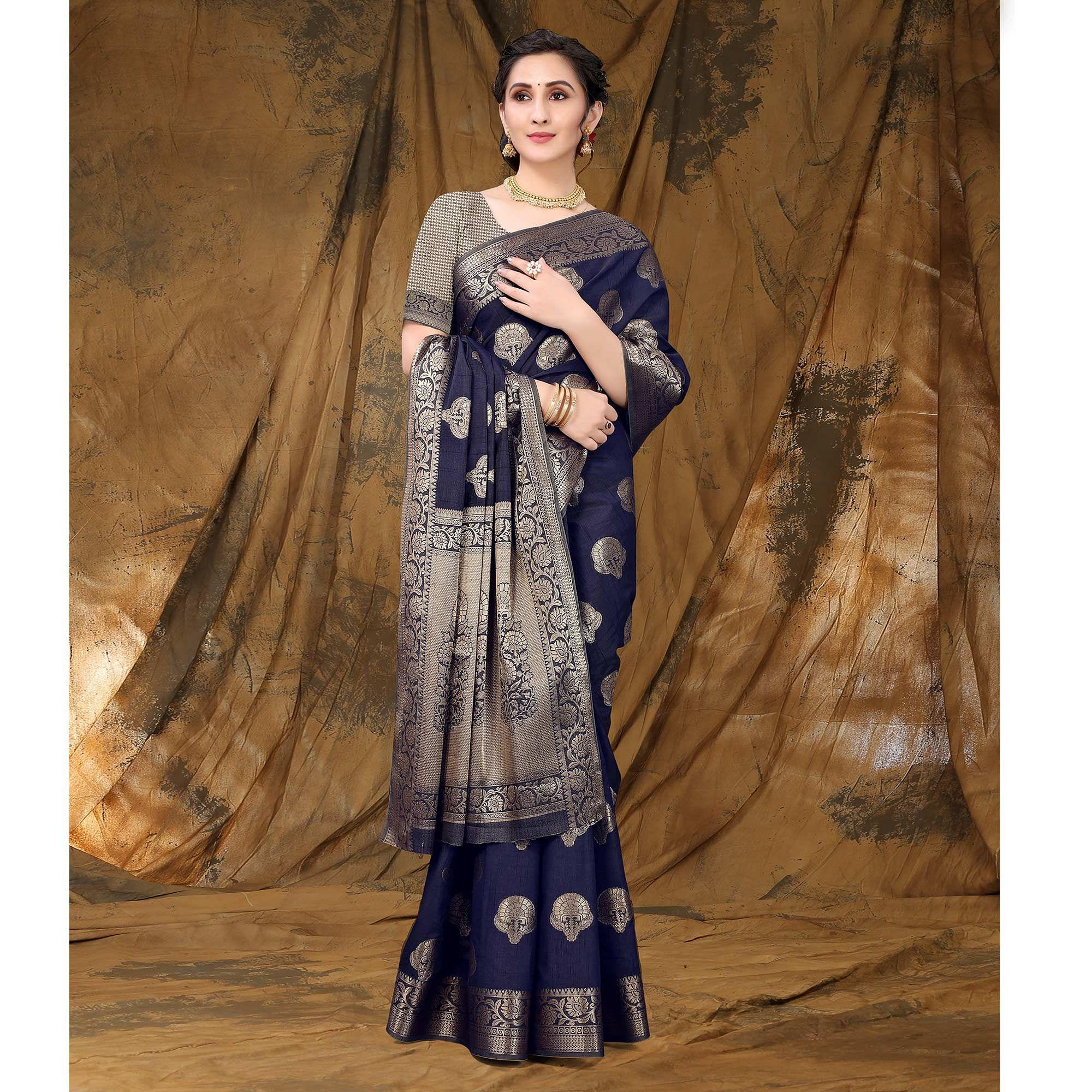 Navy Blue Festive Wear Woven Raw Silk Saree - Peachmode
