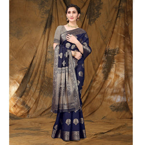 Navy Blue Festive Wear Woven Raw Silk Saree - Peachmode