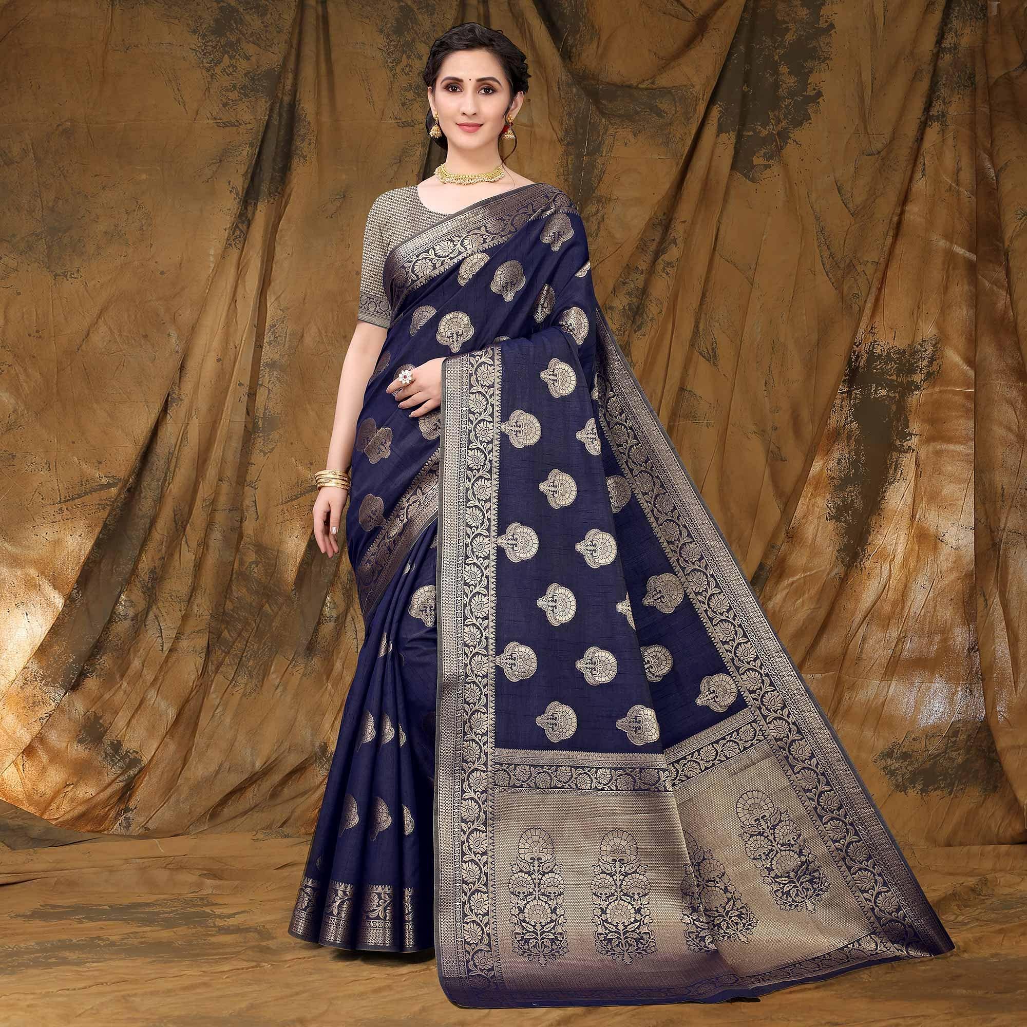 Navy Blue Festive Wear Woven Raw Silk Saree - Peachmode