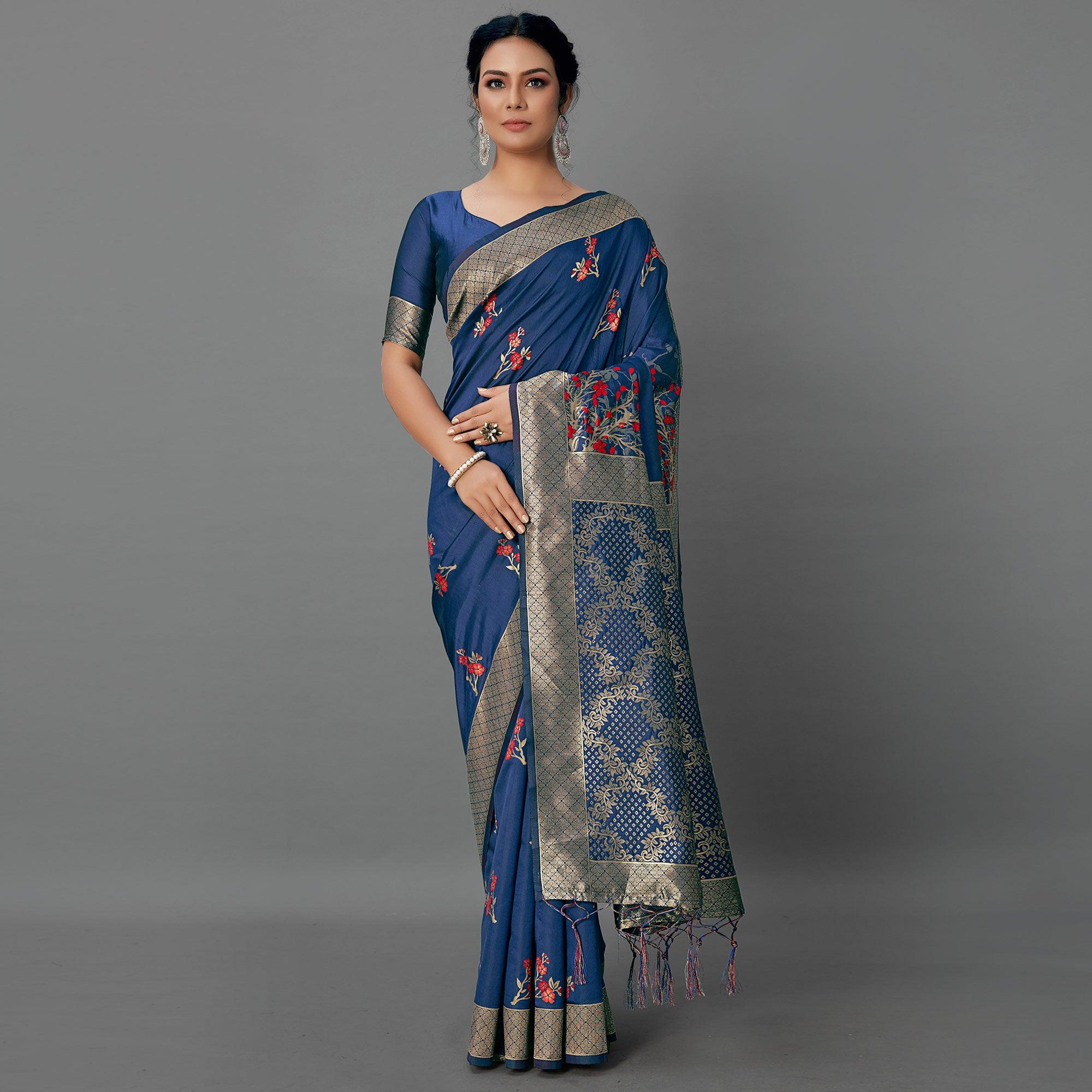 Navy Blue Festive Wear Woven Silk Blend Saree - Peachmode