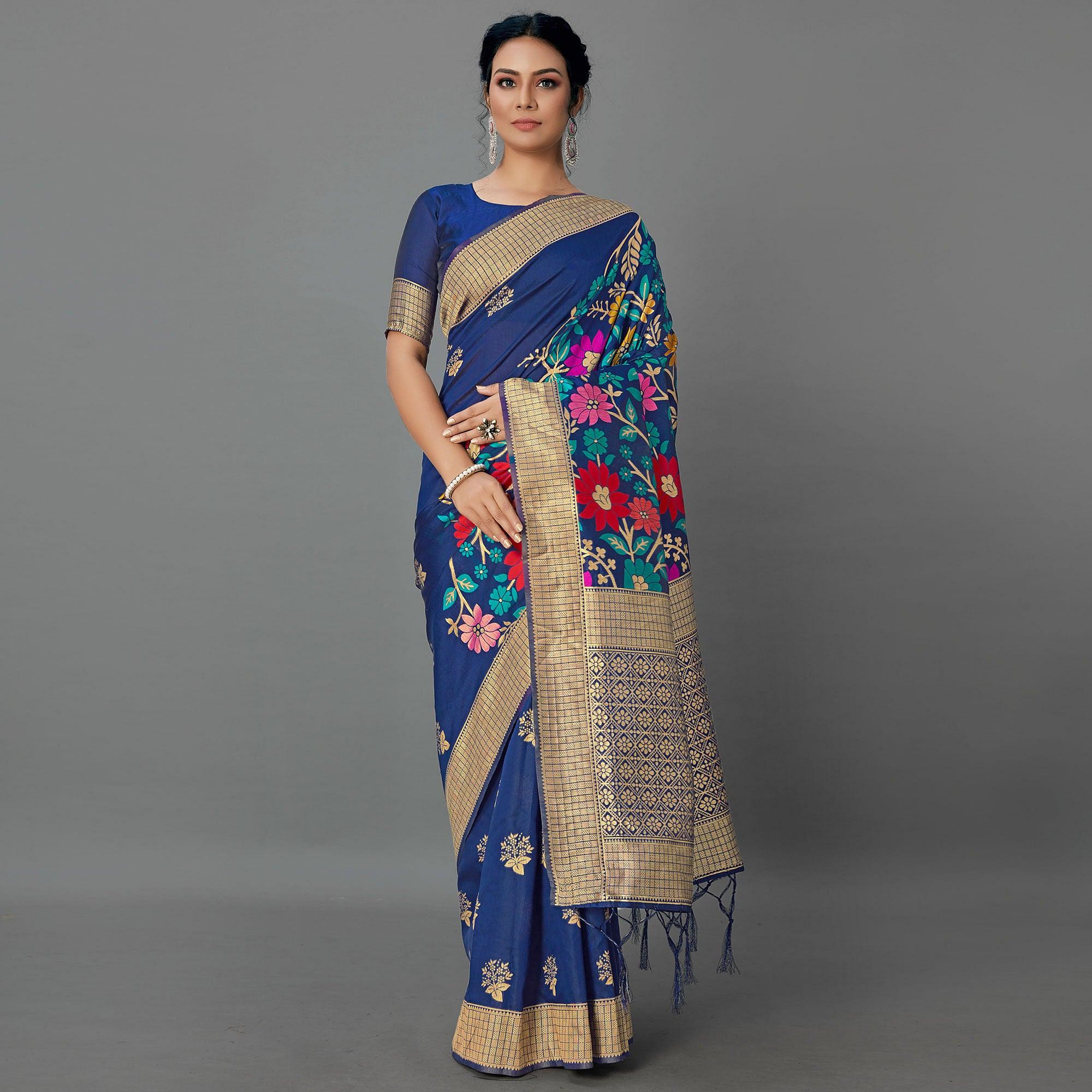 Navy Blue Festive Wear Woven Silk Blend
Saree - Peachmode