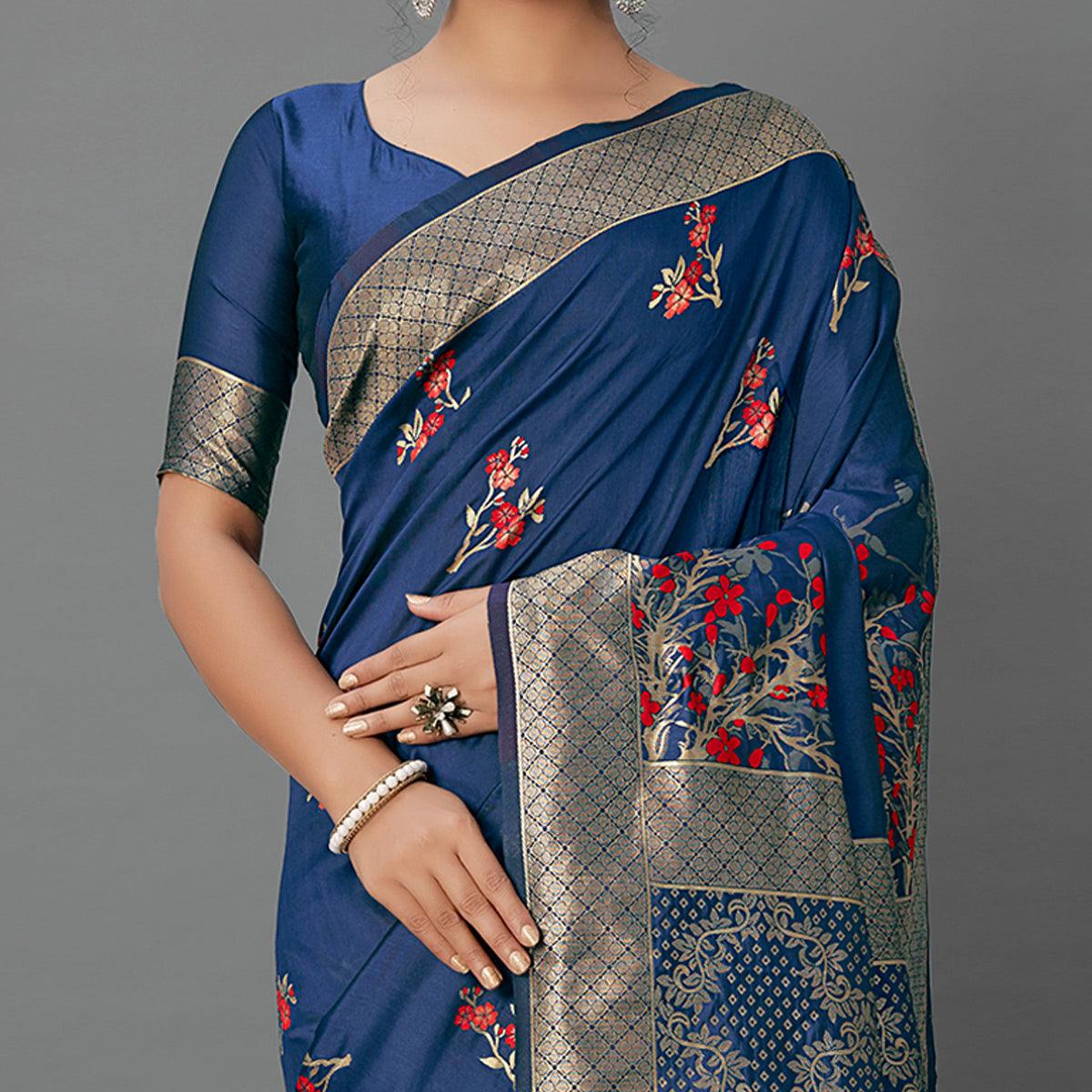 Navy Blue Festive Wear Woven Silk Blend Saree - Peachmode