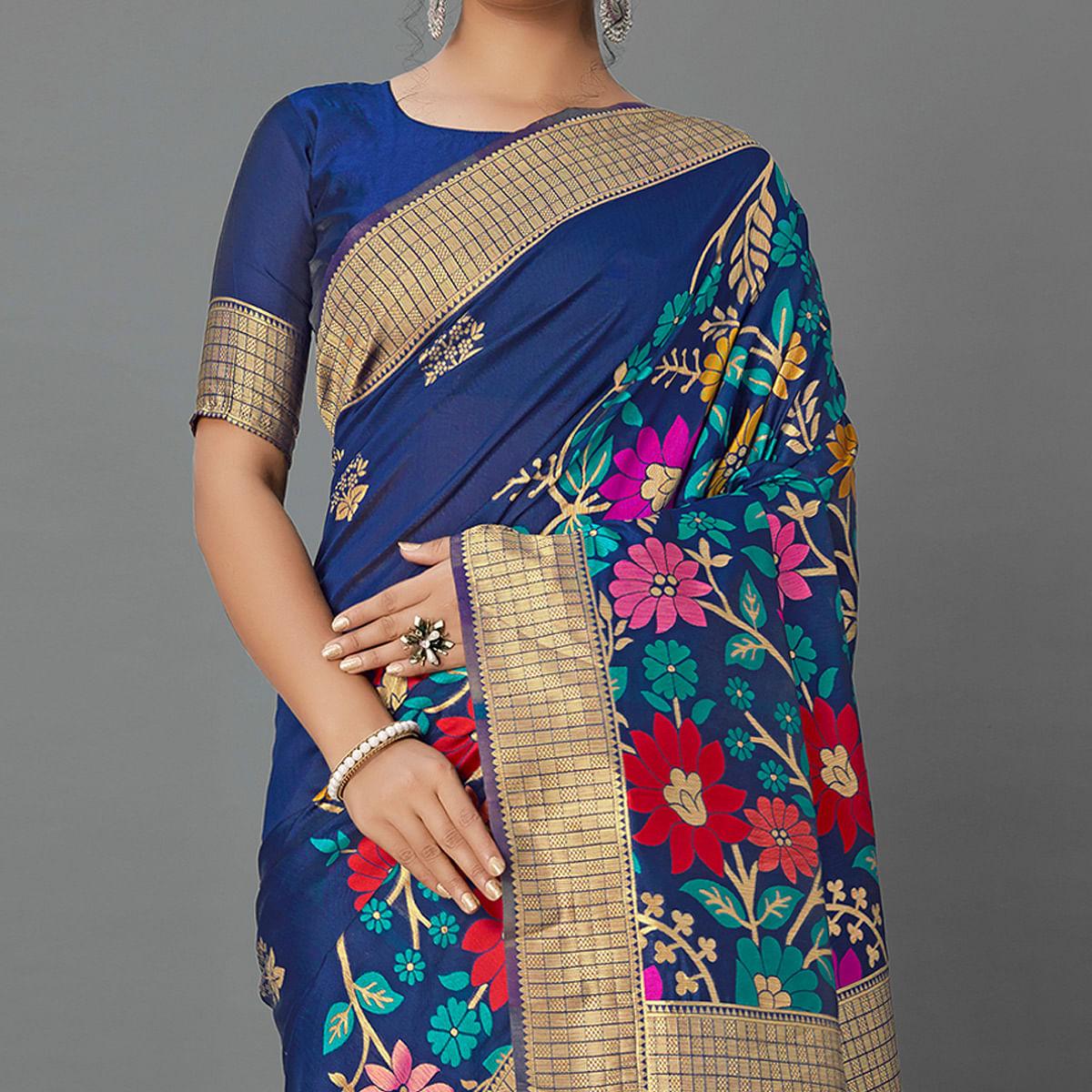 Navy Blue Festive Wear Woven Silk Blend
Saree - Peachmode