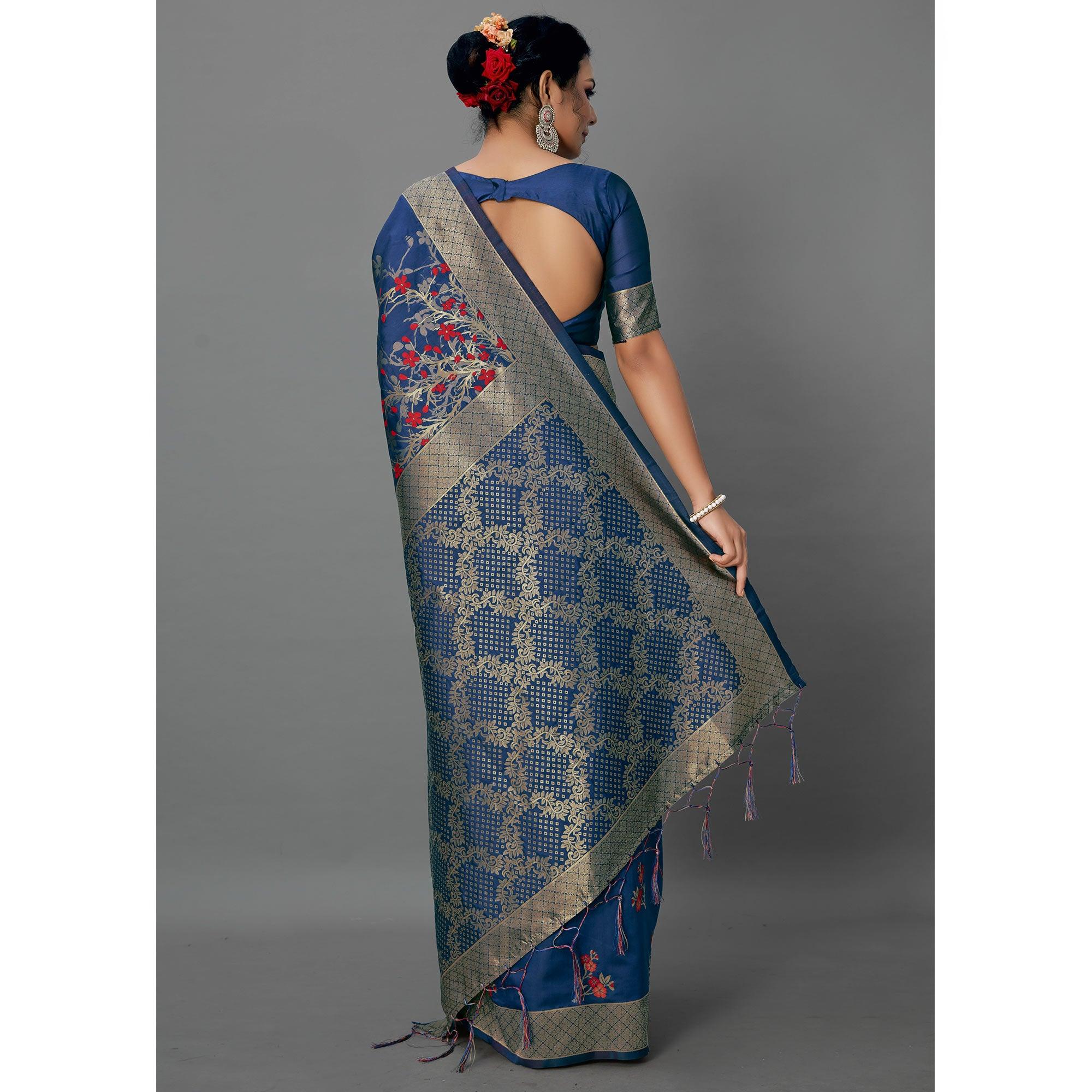Navy Blue Festive Wear Woven Silk Blend Saree - Peachmode