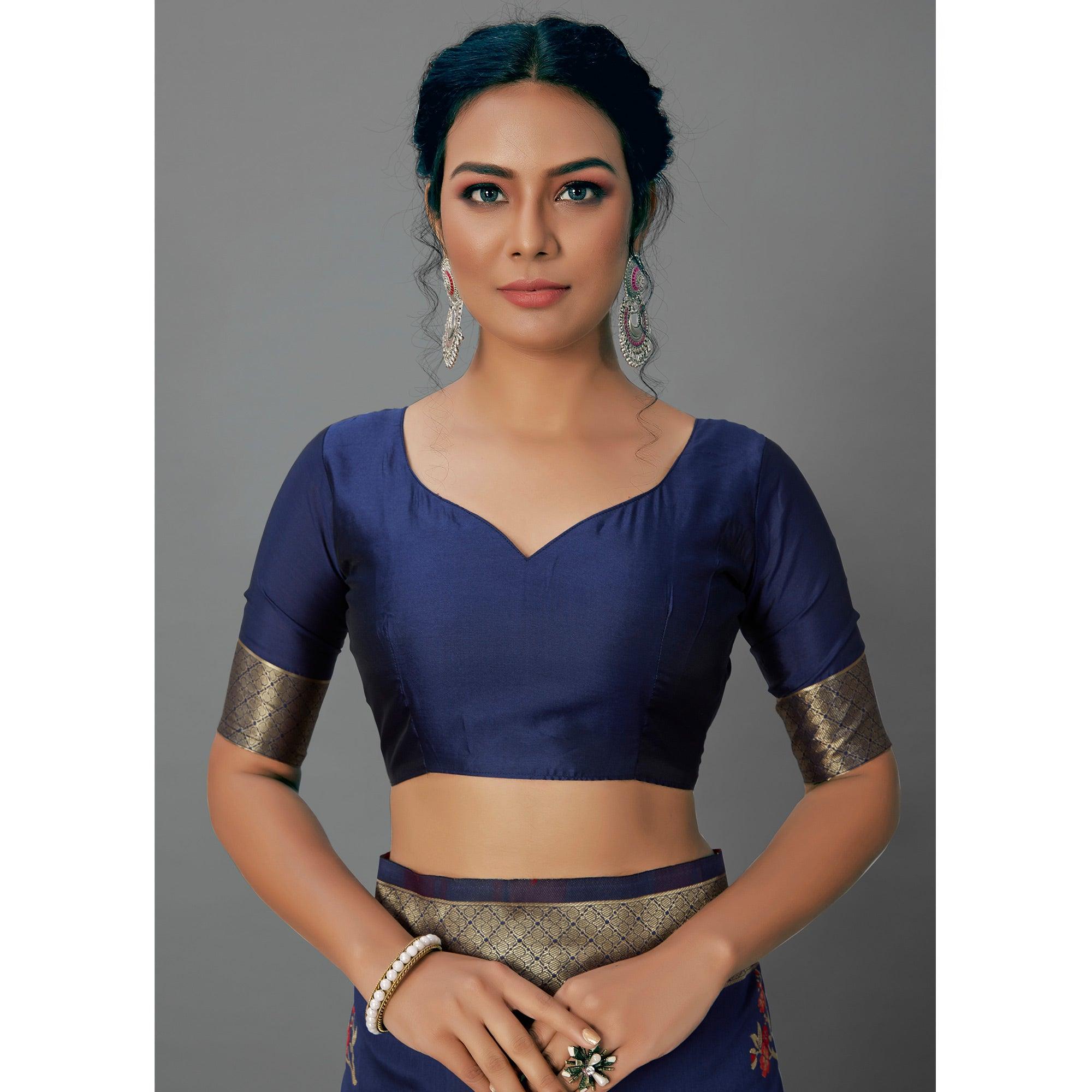Navy Blue Festive Wear Woven Silk Blend Saree - Peachmode