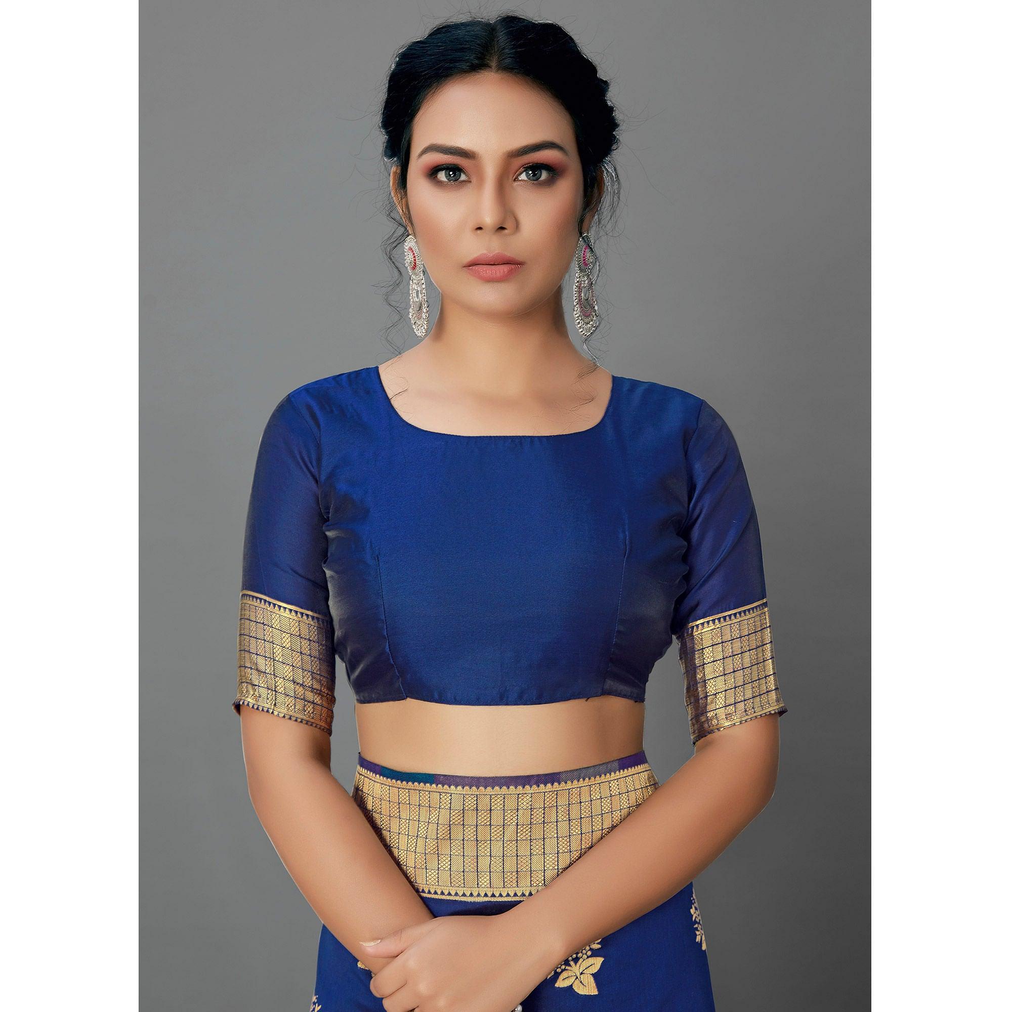 Navy Blue Festive Wear Woven Silk Blend
Saree - Peachmode