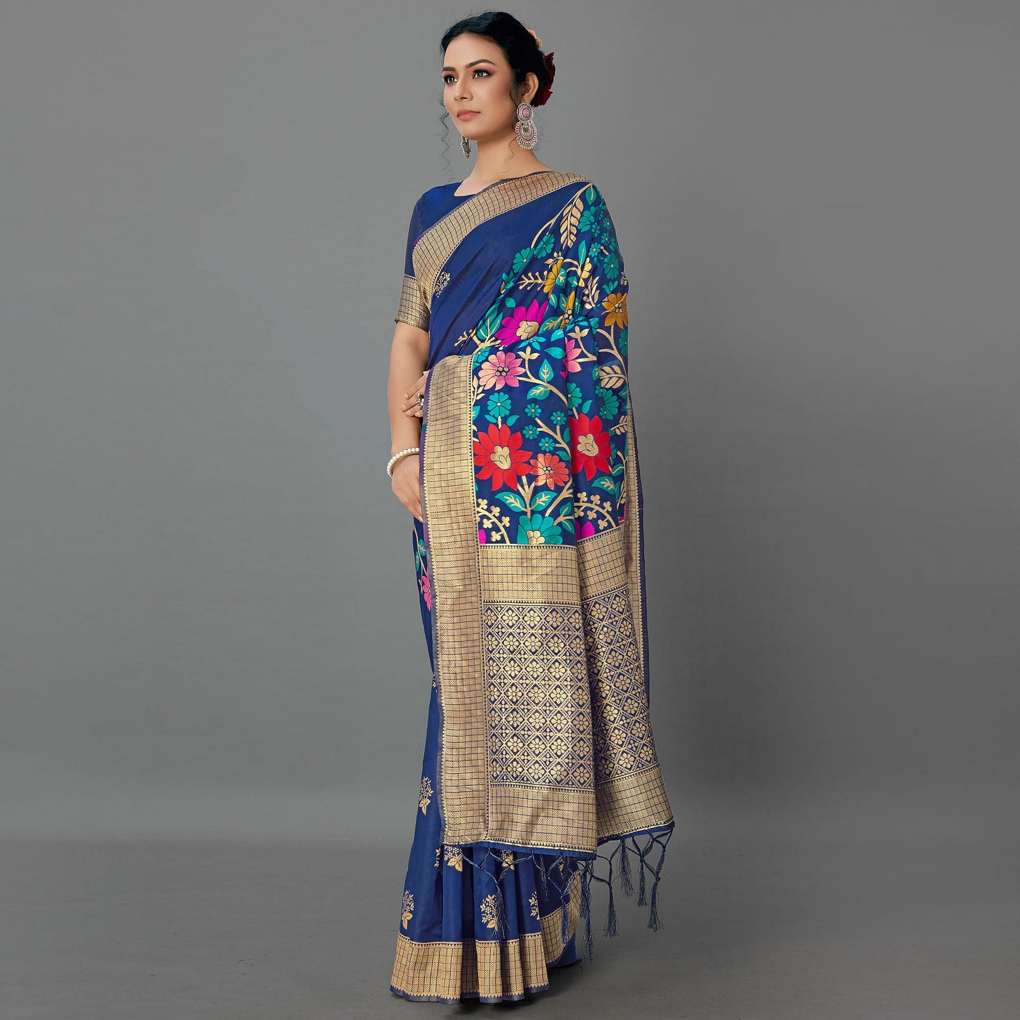 Navy Blue Festive Wear Woven Silk Blend
Saree - Peachmode