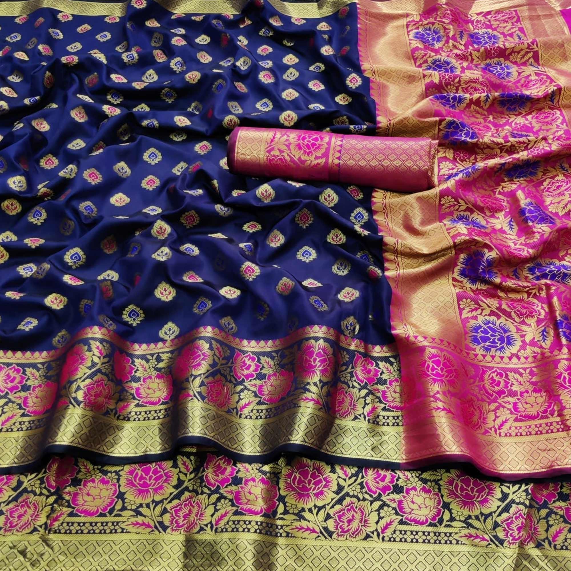 Navy Blue Festive Wear Woven Silk Saree - Peachmode