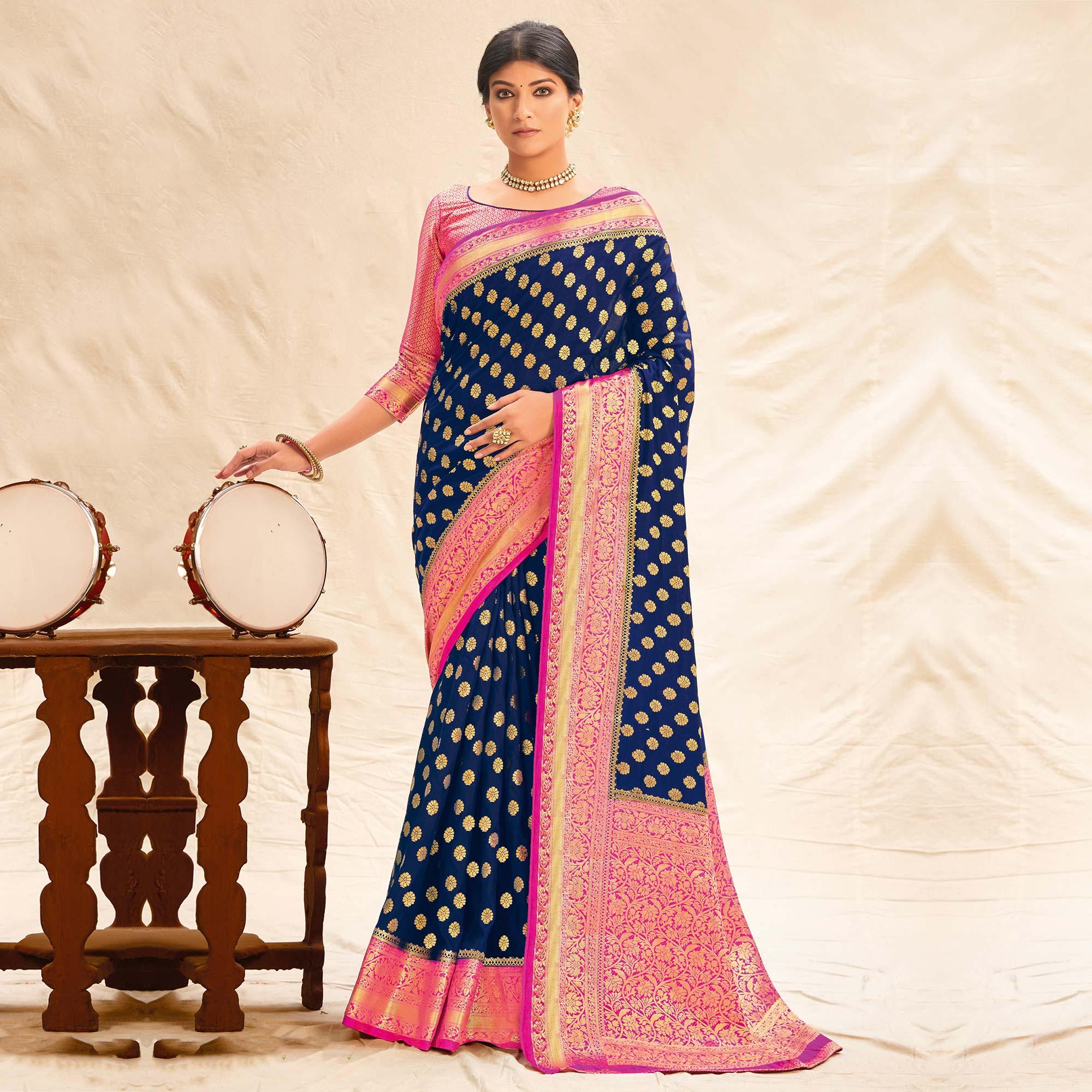 Navy Blue Festive Wear Woven Silk Saree - Peachmode