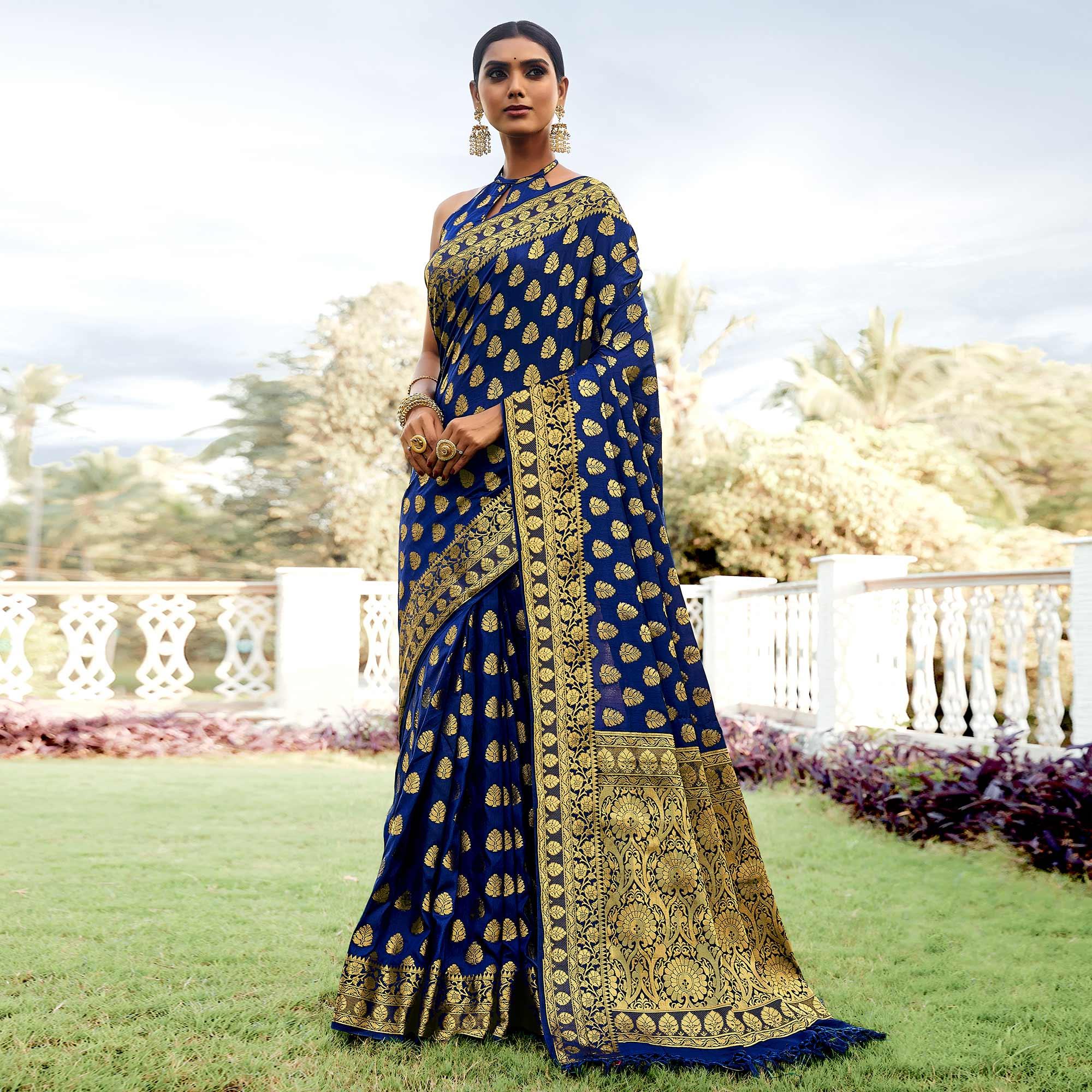 Navy Blue Festive Wear Woven Silk Saree - Peachmode