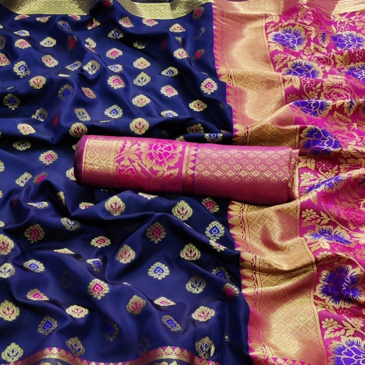 Navy Blue Festive Wear Woven Silk Saree - Peachmode