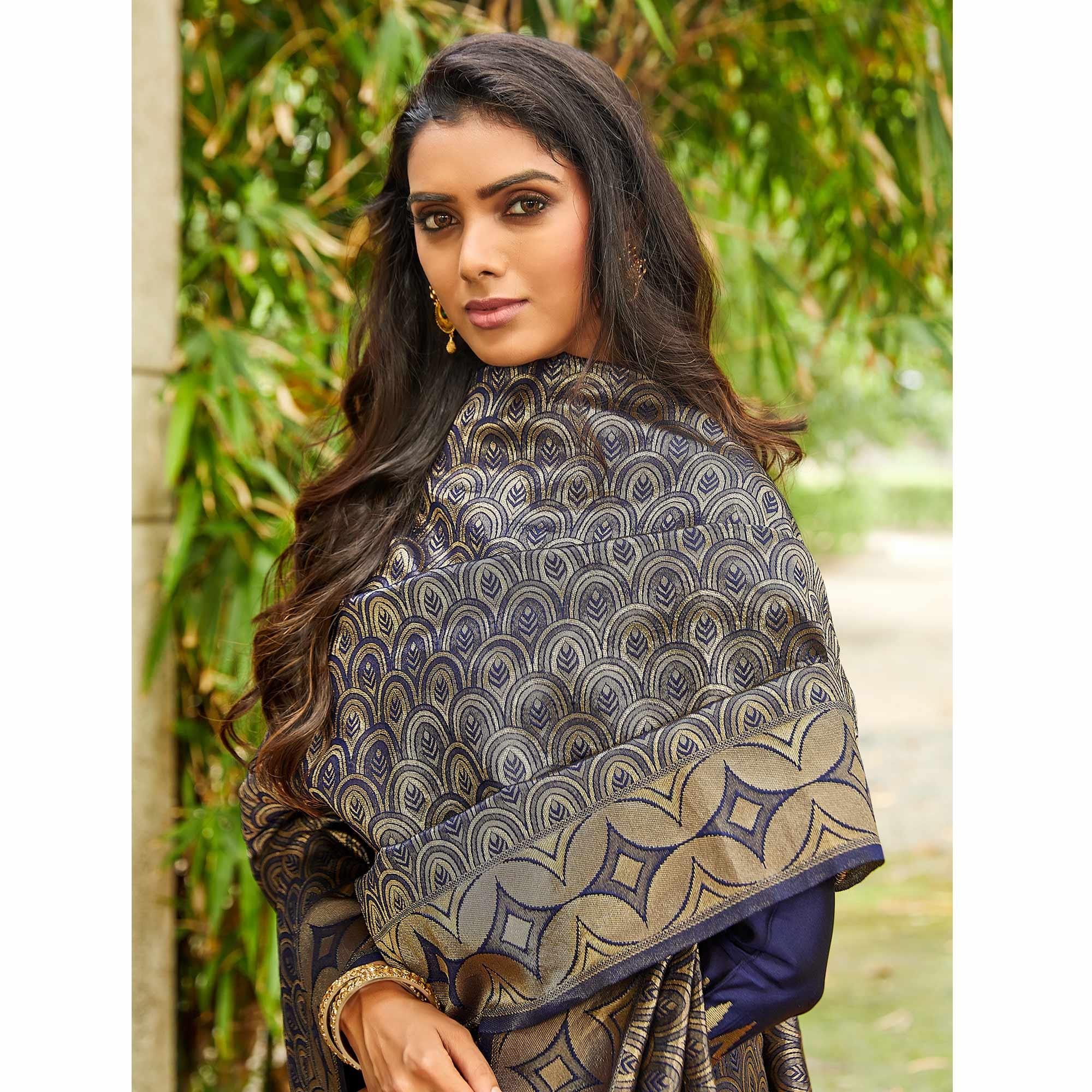 Navy Blue Festive Wear Woven Silk Saree - Peachmode
