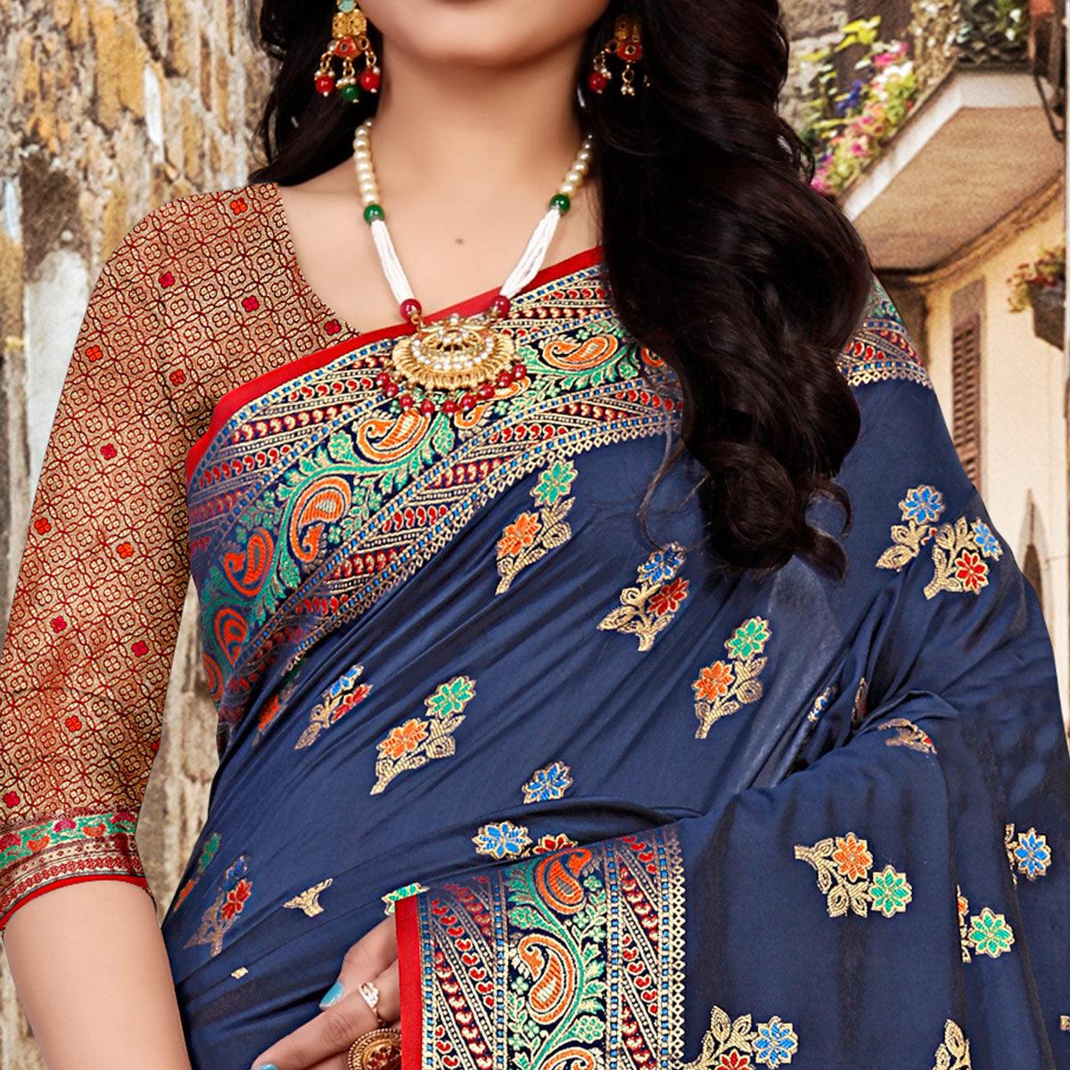 Navy Blue Festive Wear Woven Silk Saree - Peachmode