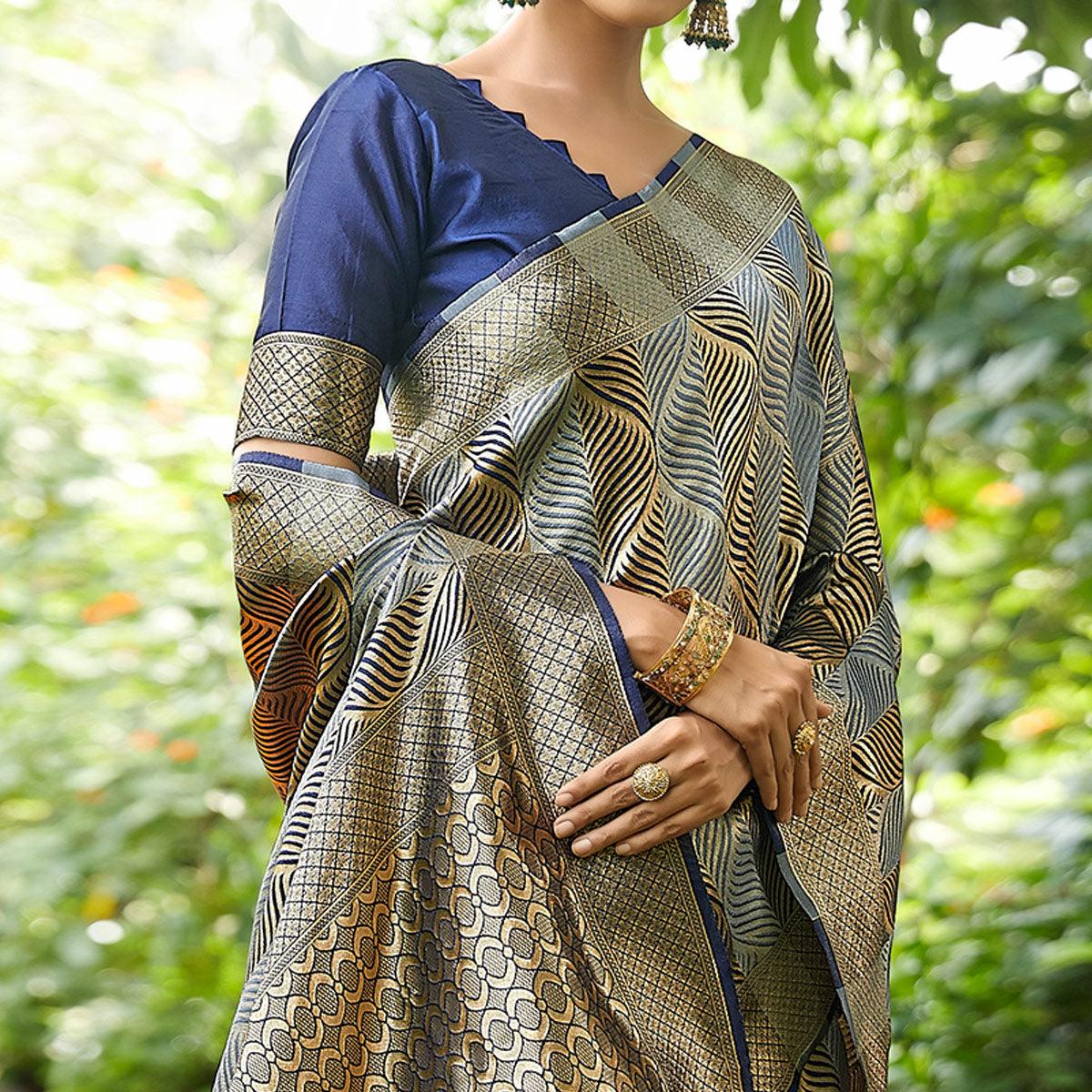 Navy Blue Festive Wear Woven Silk Saree - Peachmode
