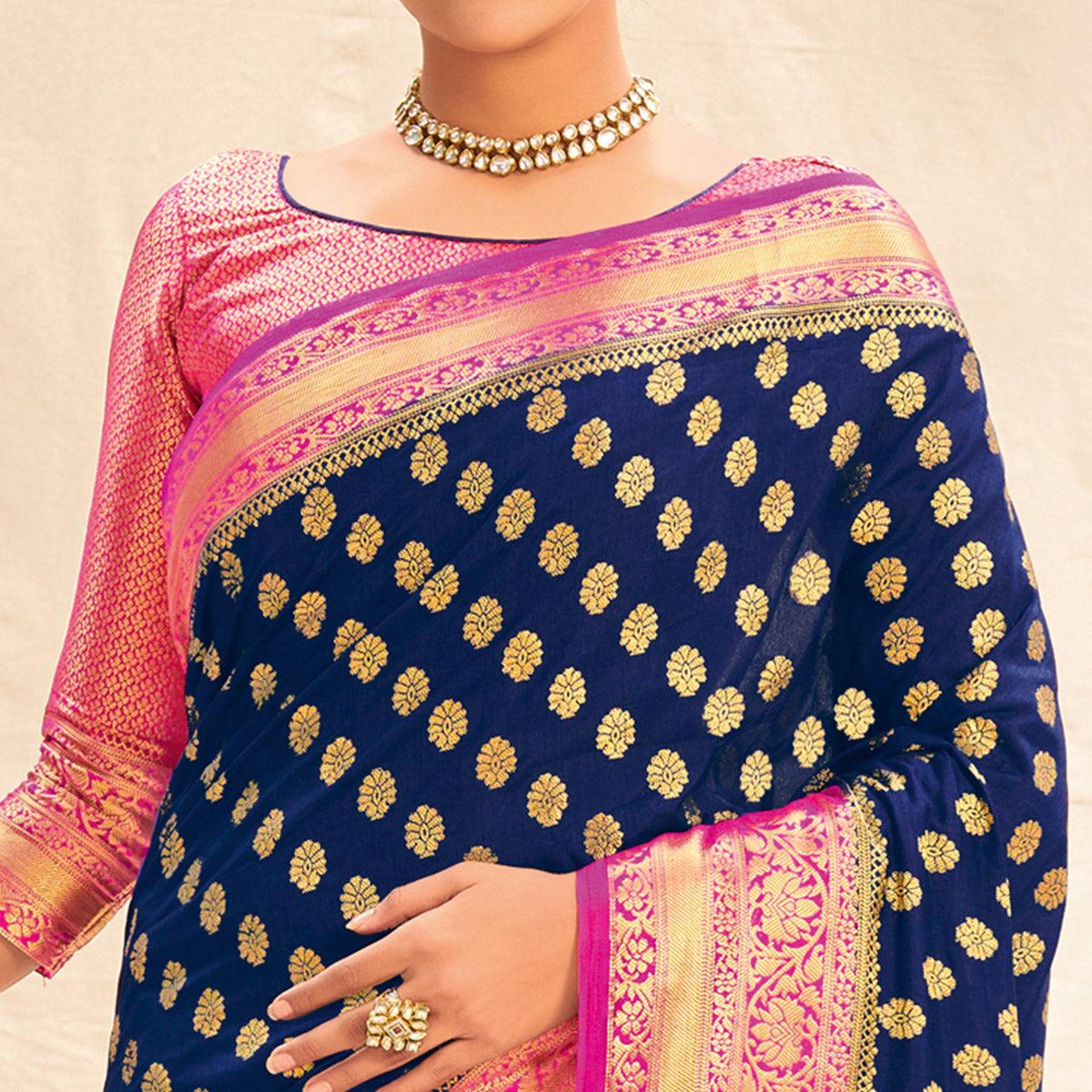 Navy Blue Festive Wear Woven Silk Saree - Peachmode