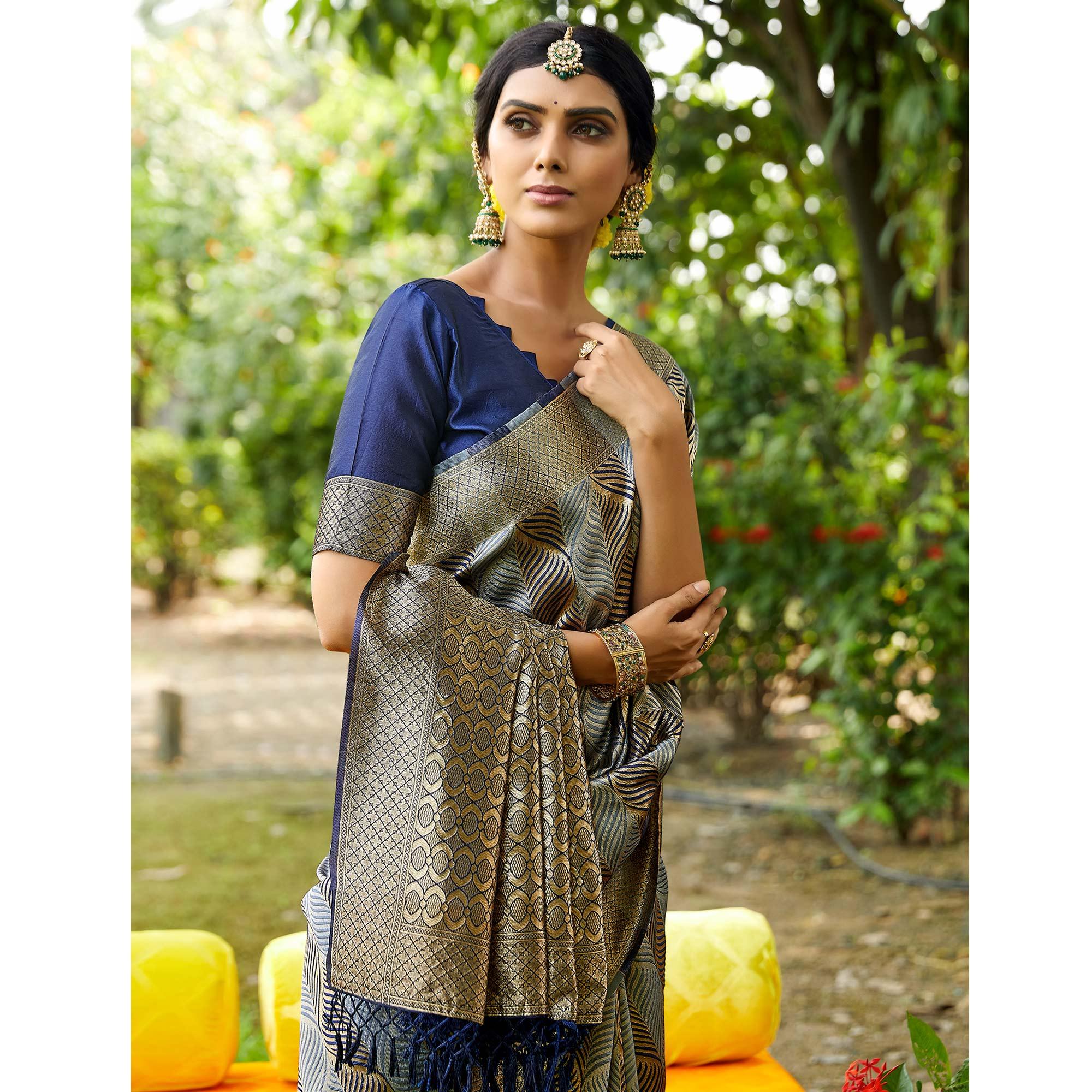 Navy Blue Festive Wear Woven Silk Saree - Peachmode