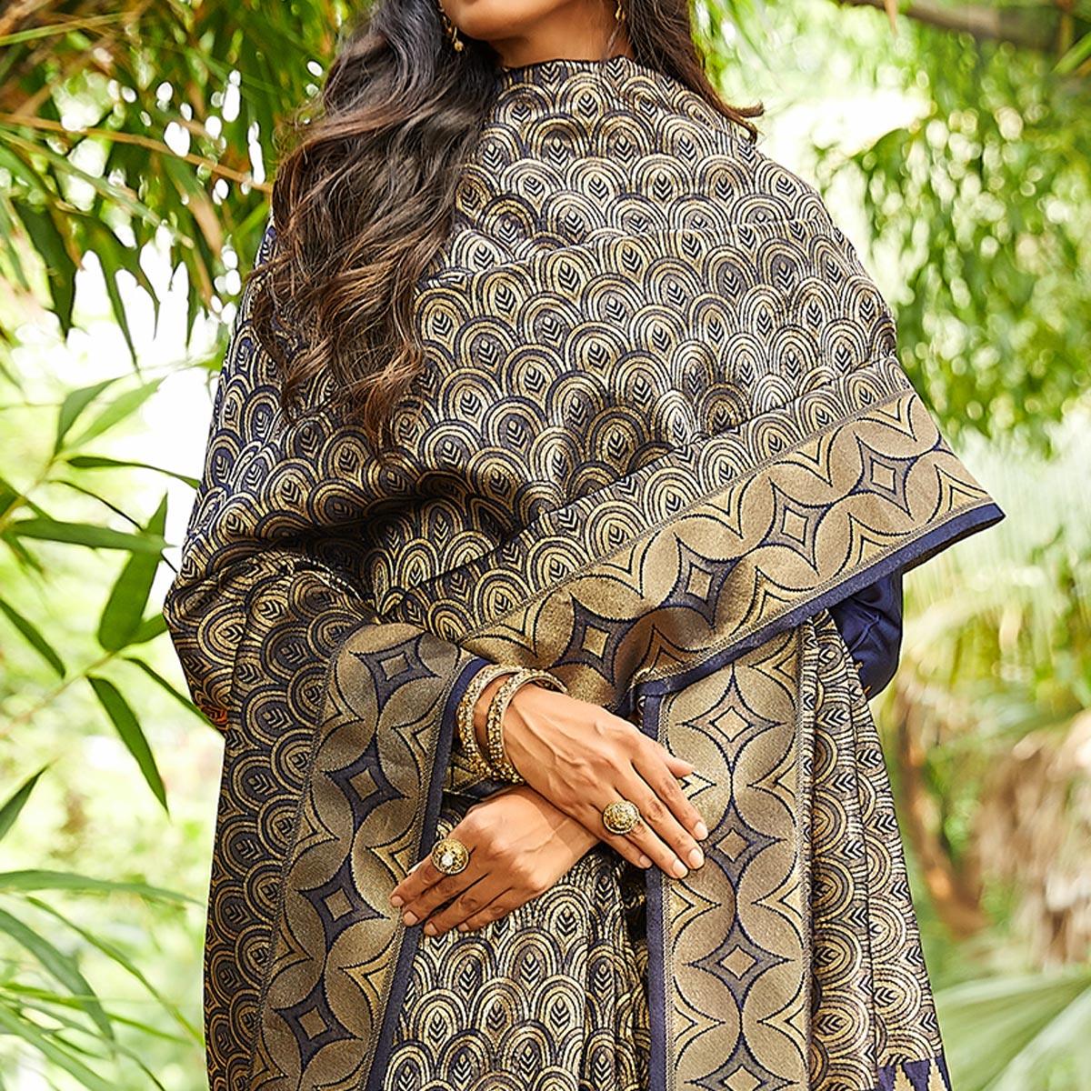 Navy Blue Festive Wear Woven Silk Saree - Peachmode