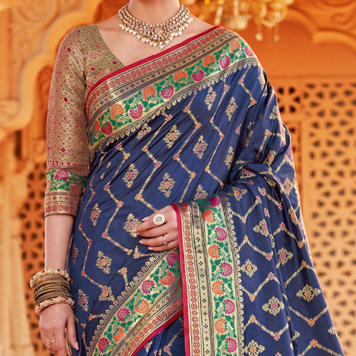 Navy Blue Festive Wear Woven Silk Saree - Peachmode