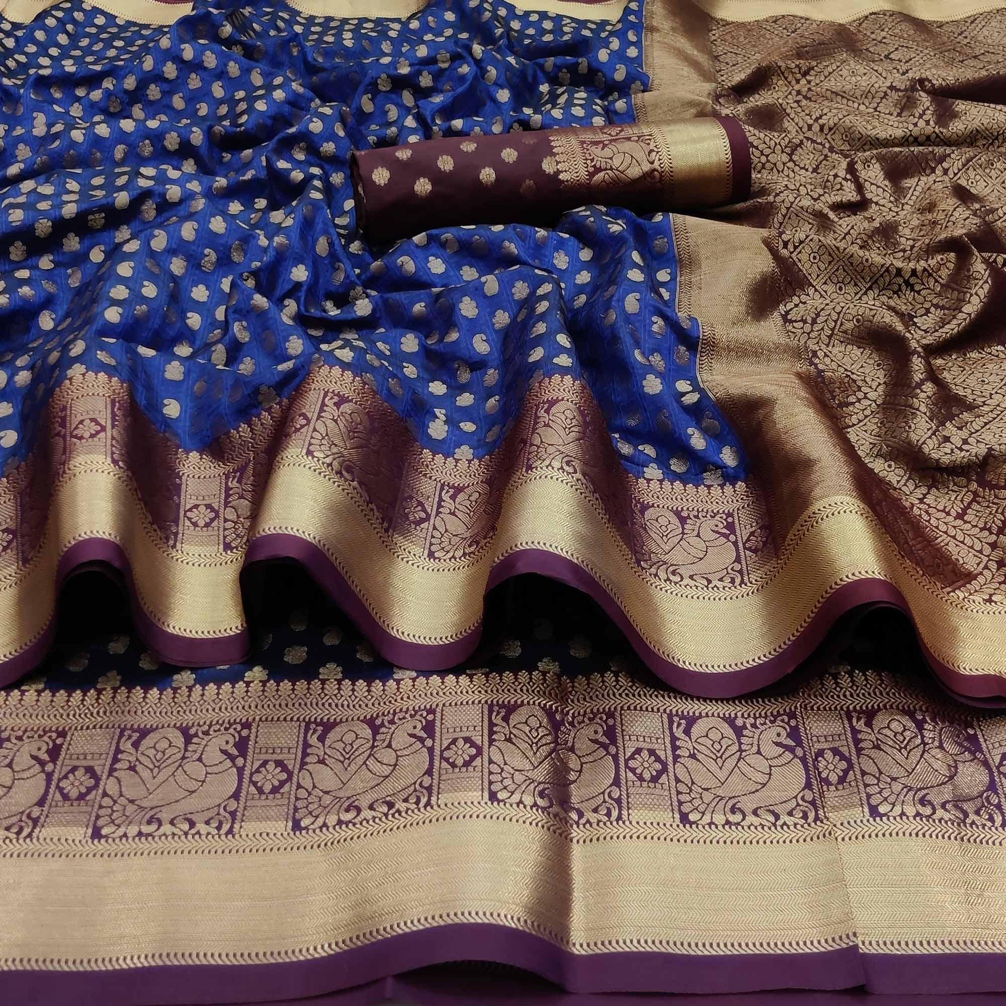 Navy Blue Festive Wear Woven Silk Saree With Jacquard Border - Peachmode