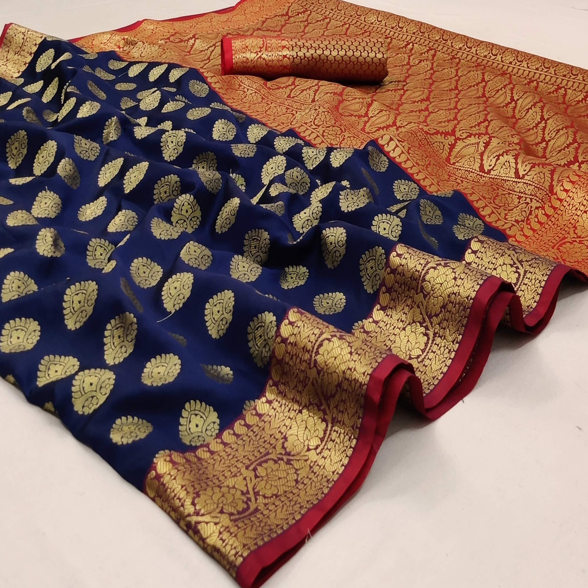 Navy Blue Festive Wear Woven Silk Saree With Rich Pallu - Peachmode