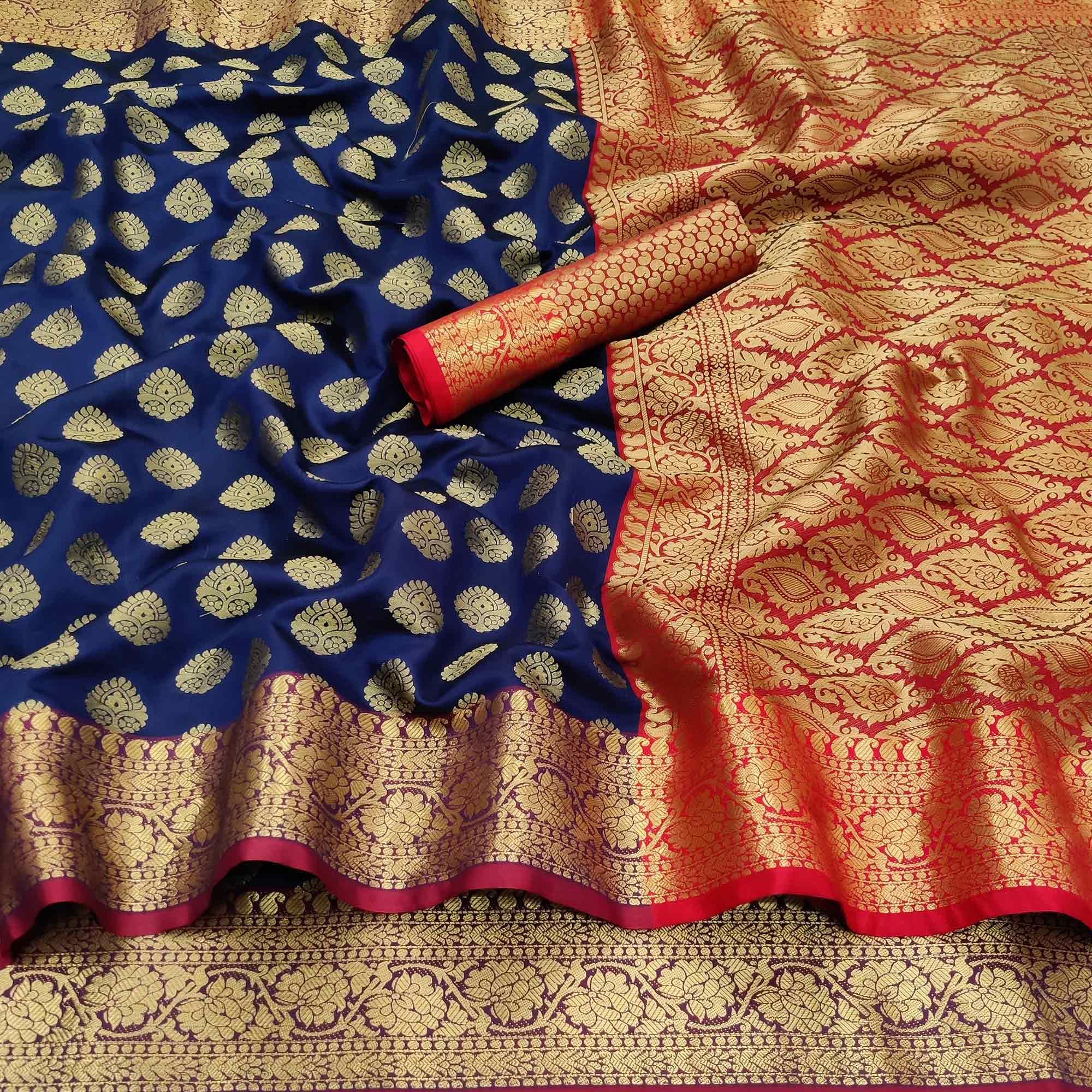 Navy Blue Festive Wear Woven Silk Saree With Rich Pallu - Peachmode