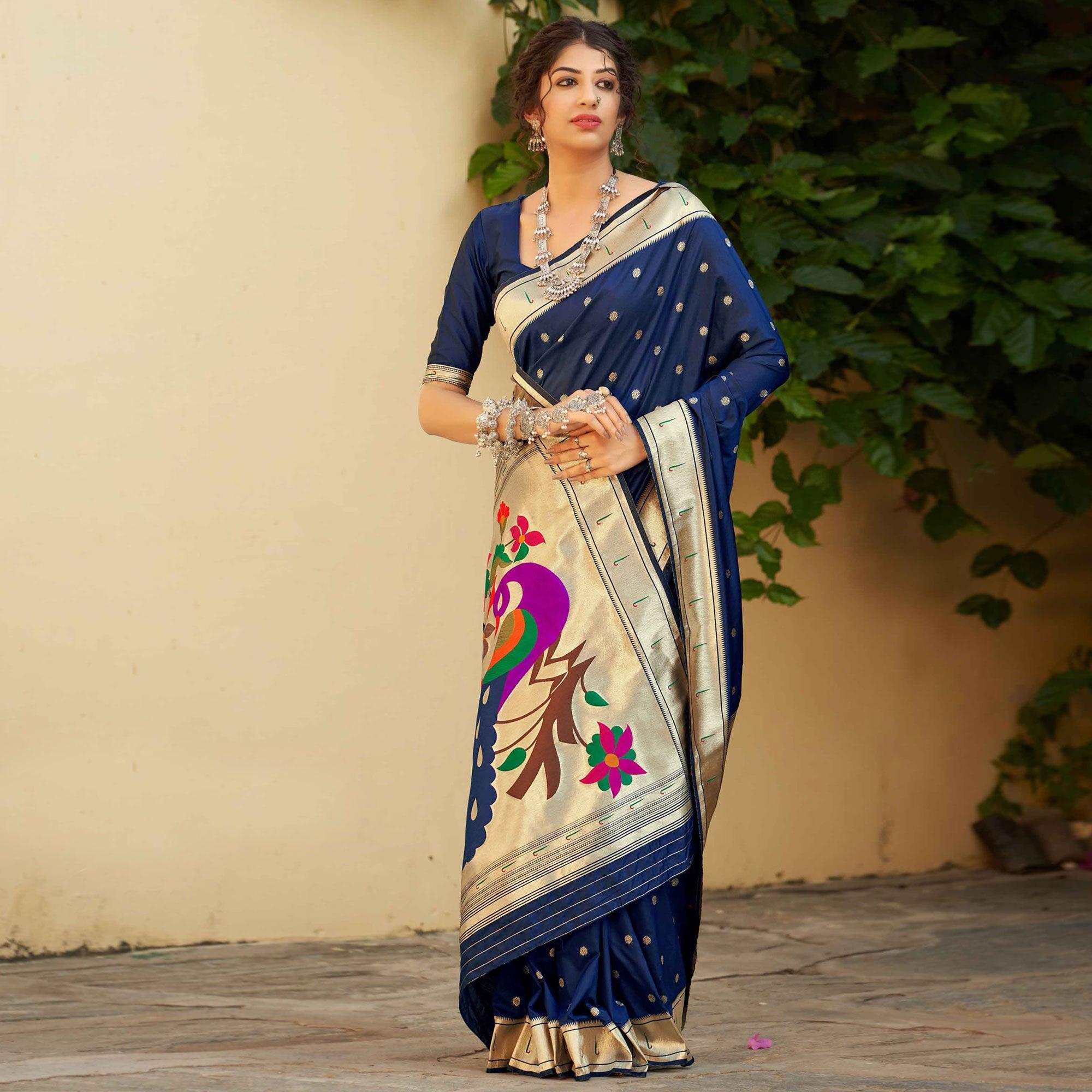 Navy Blue Festive Wear Woven Soft Banarasi Silk Saree - Peachmode