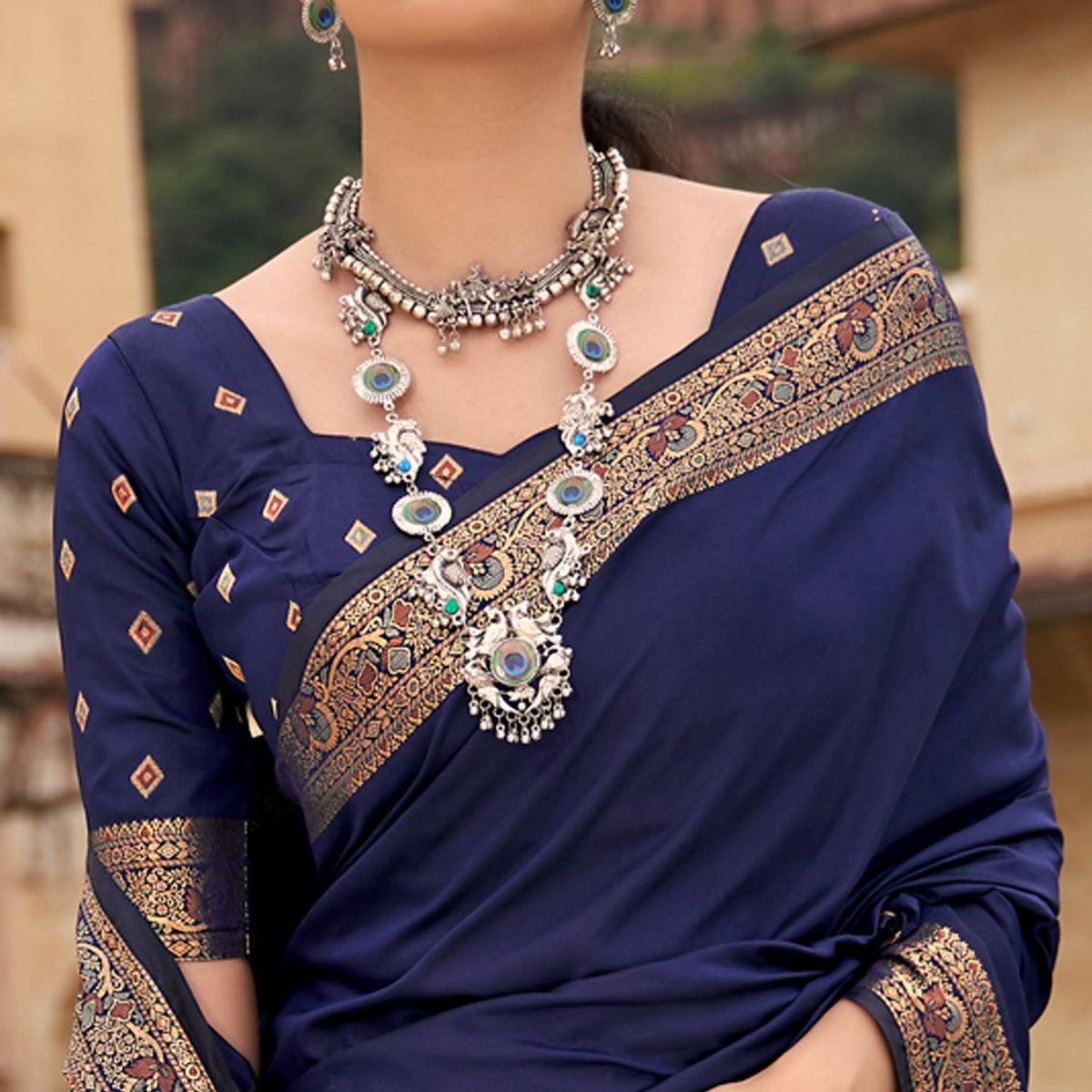 Navy Blue Festive Wear Woven Soft Banarasi Silk Saree - Peachmode