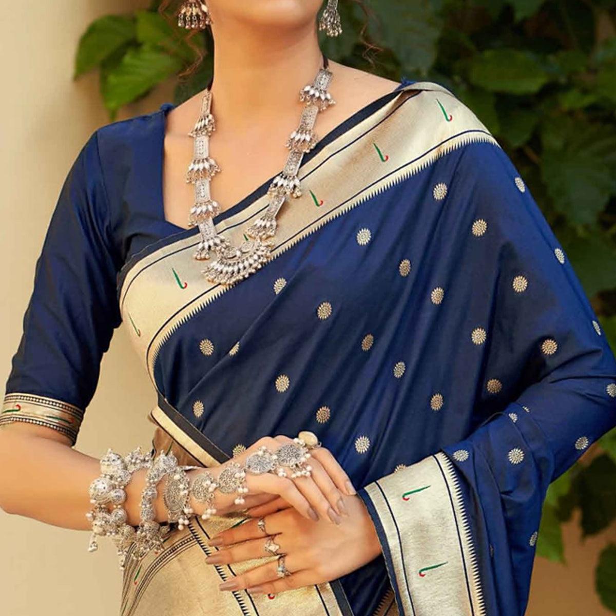 Navy Blue Festive Wear Woven Soft Banarasi Silk Saree - Peachmode