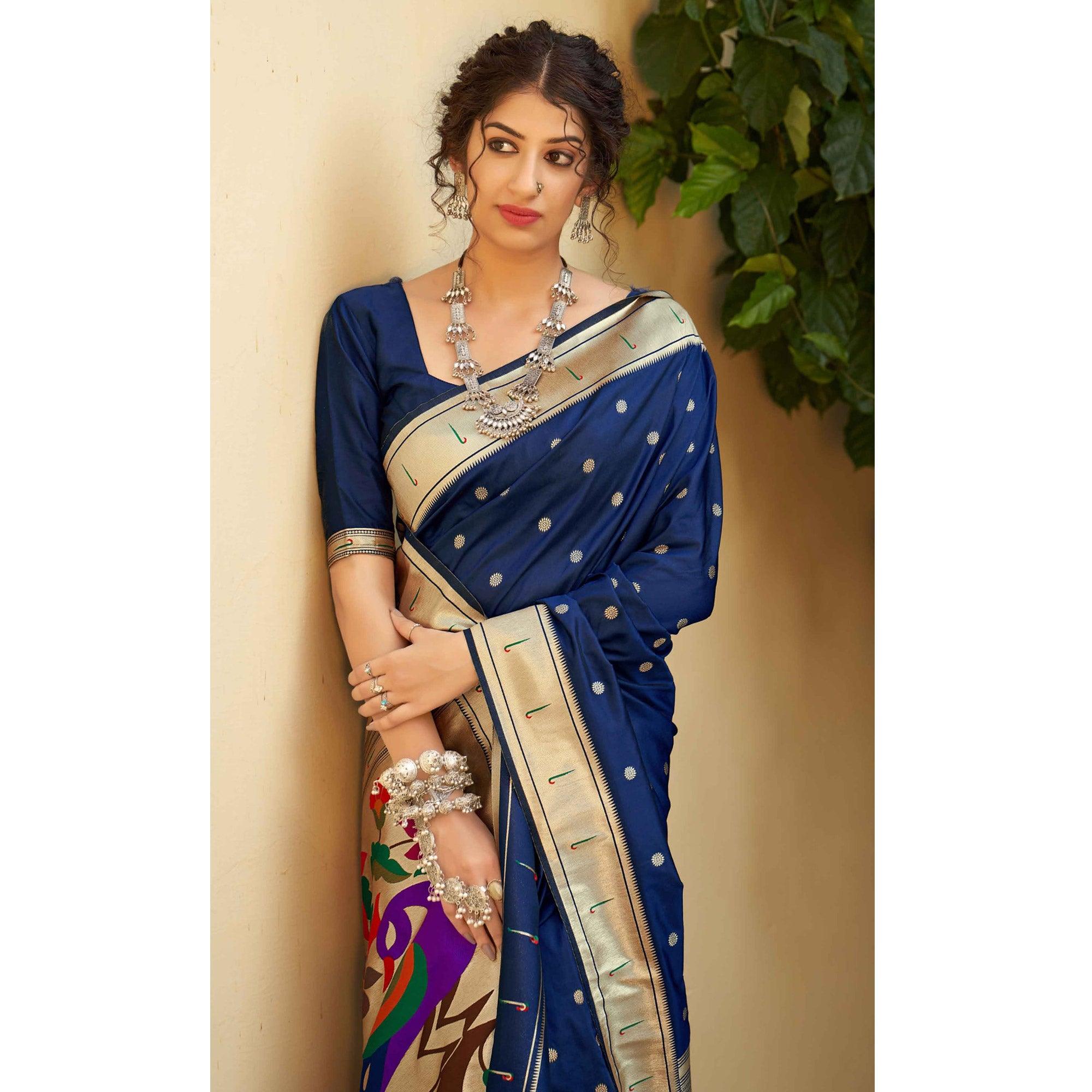 Navy Blue Festive Wear Woven Soft Banarasi Silk Saree - Peachmode